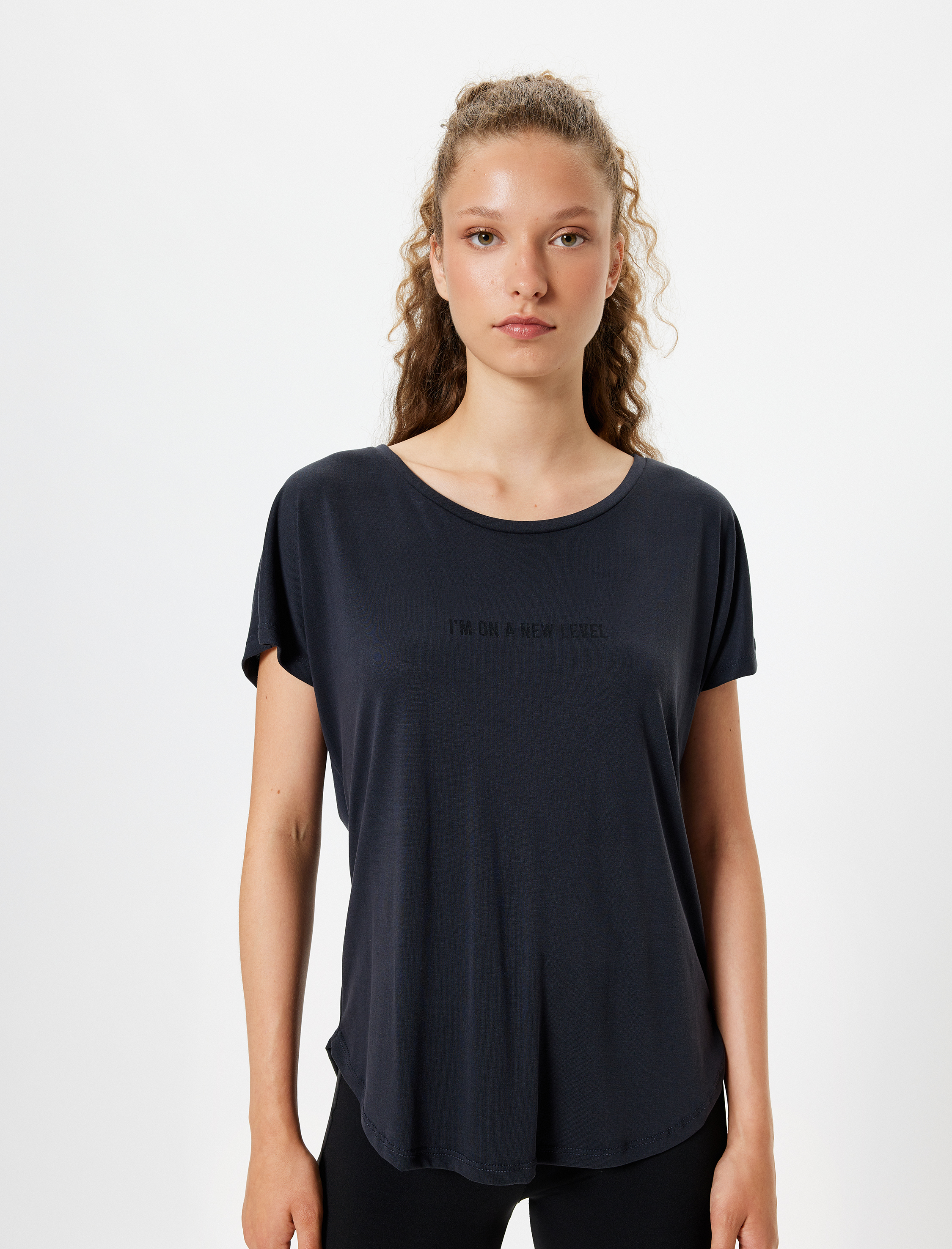   Slogan Baskılı Yarasa Kol Modal Kumaş Spor Tişört