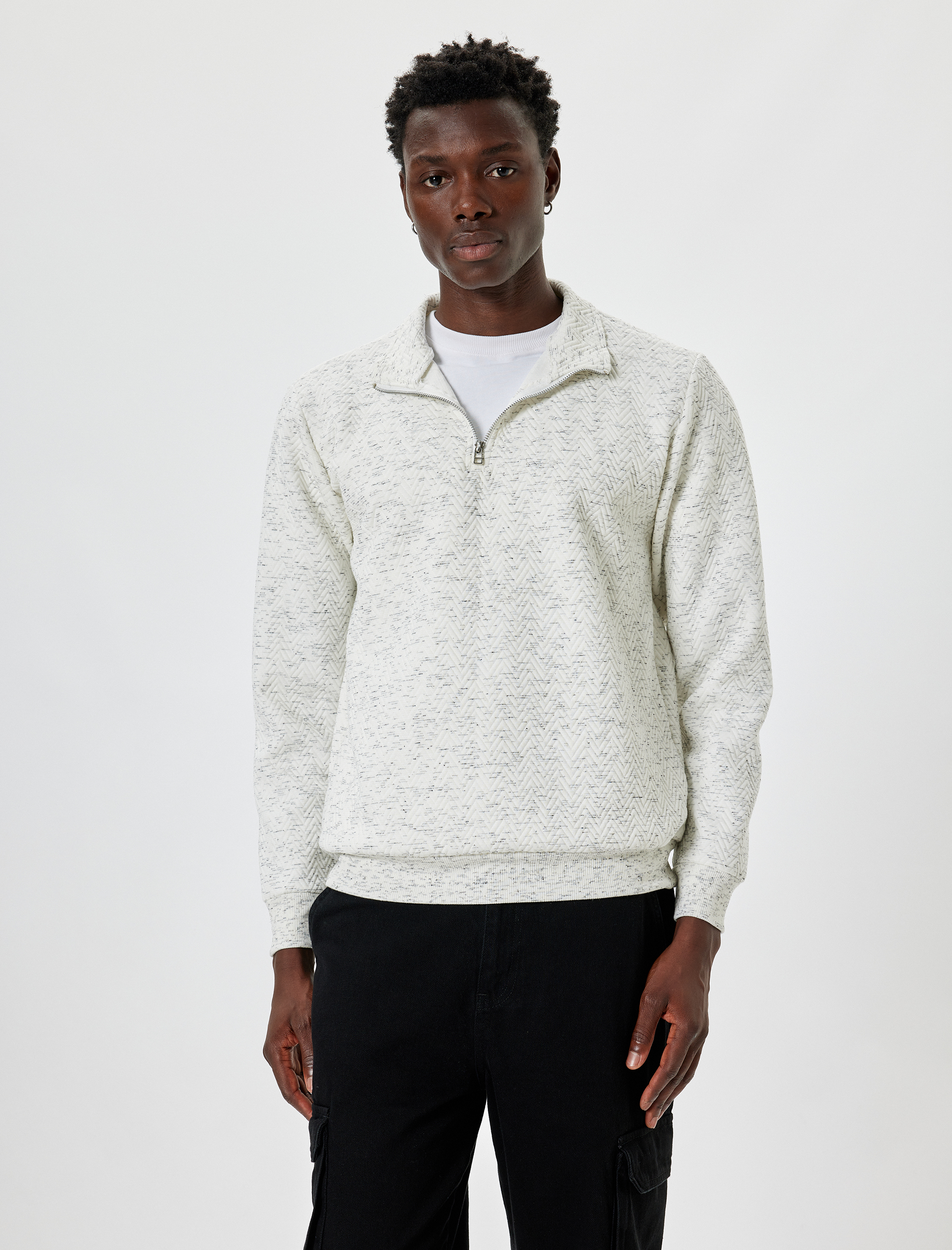   Yarım Fermuarlı Sweatshirt Basic Dokulu Pamuklu