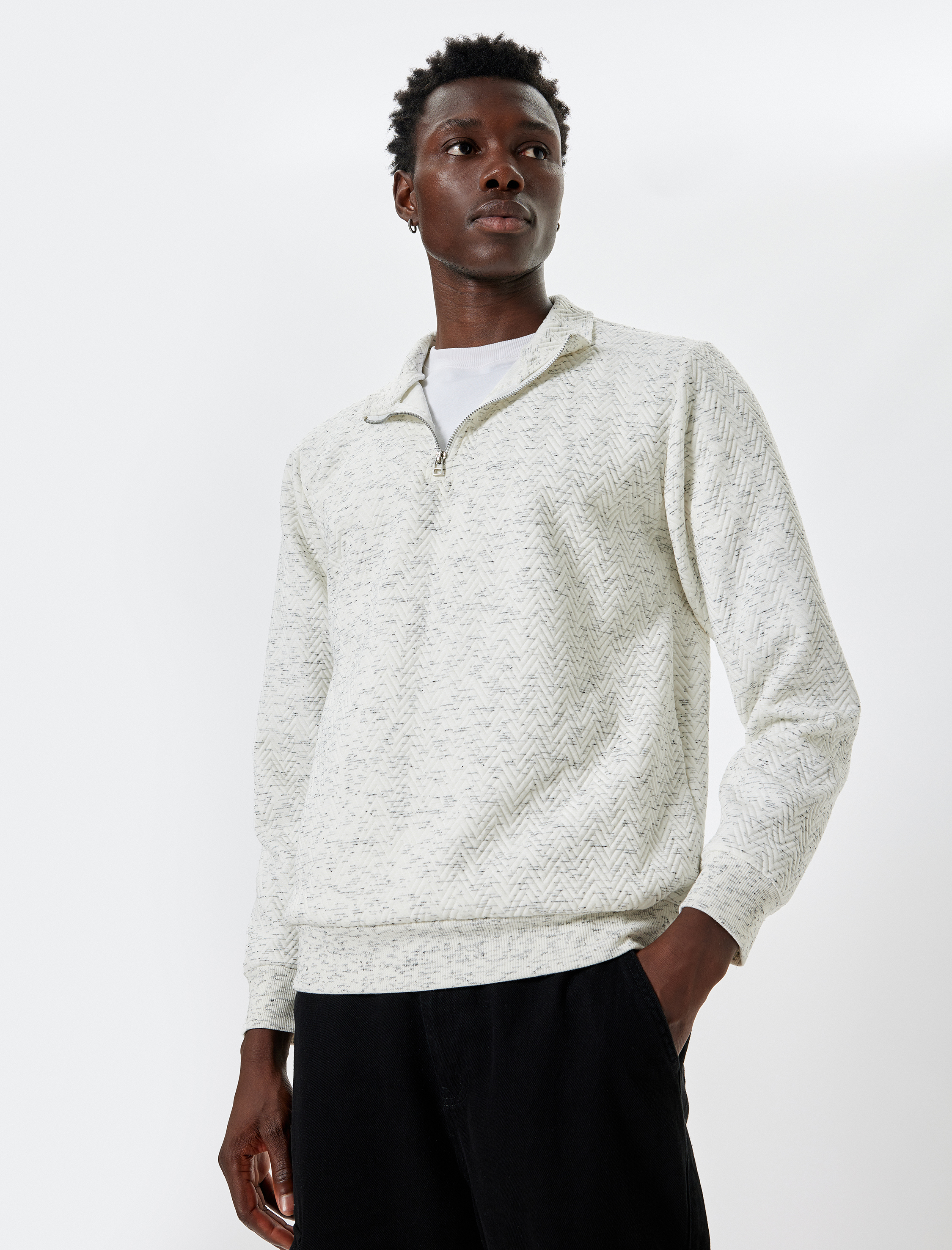   Yarım Fermuarlı Sweatshirt Basic Dokulu Pamuklu