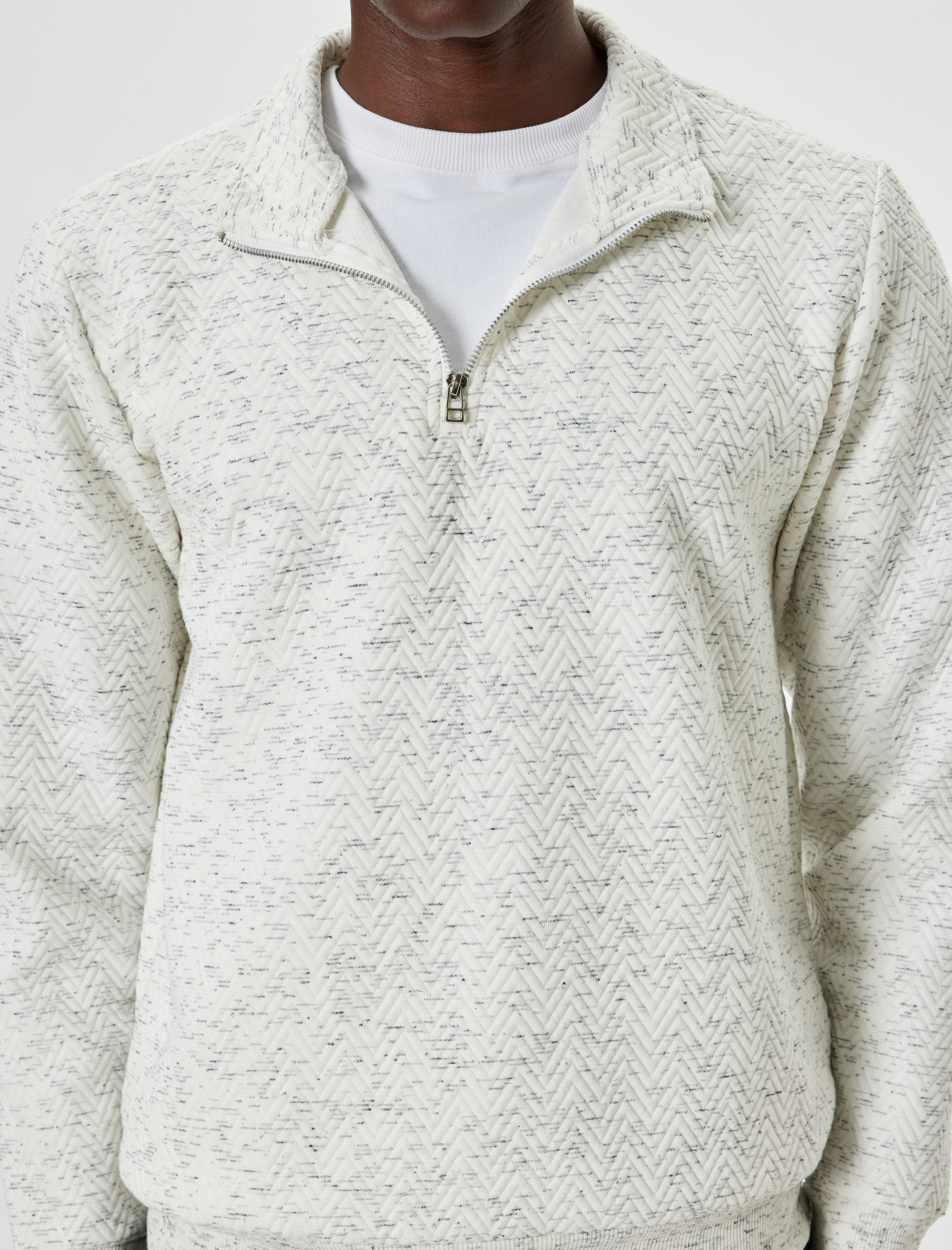   Yarım Fermuarlı Sweatshirt Basic Dokulu Pamuklu