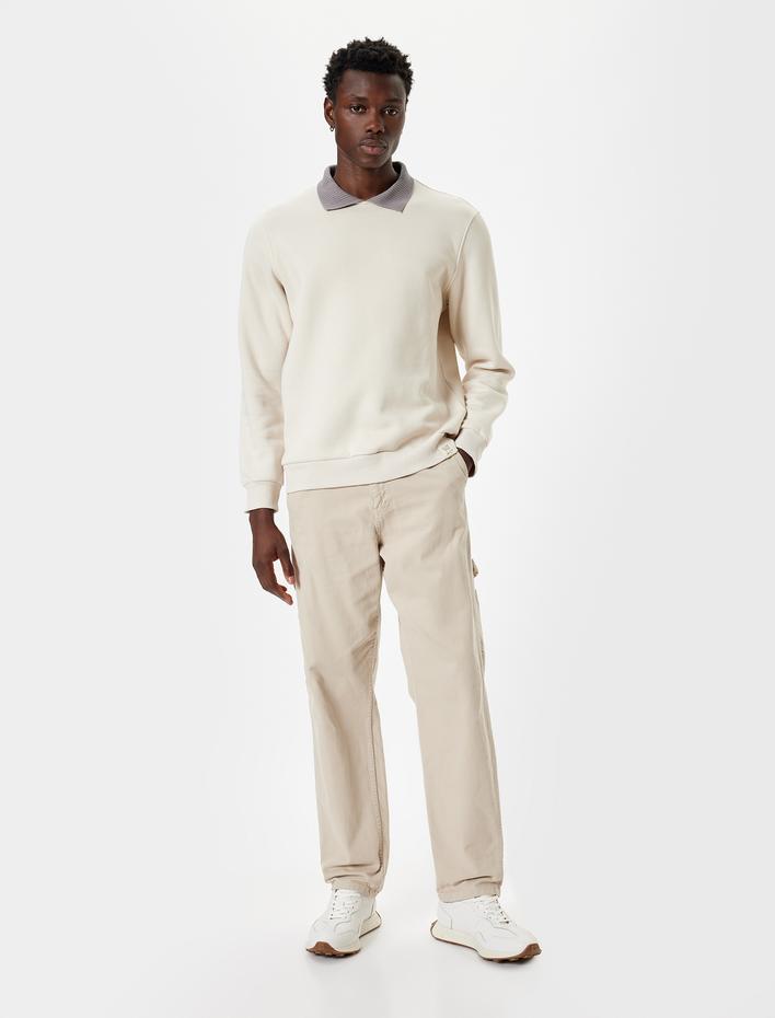  Polo Yaka Sweatshirt Basic Uzun Kollu Şardonlu Pamuk Karışımlı