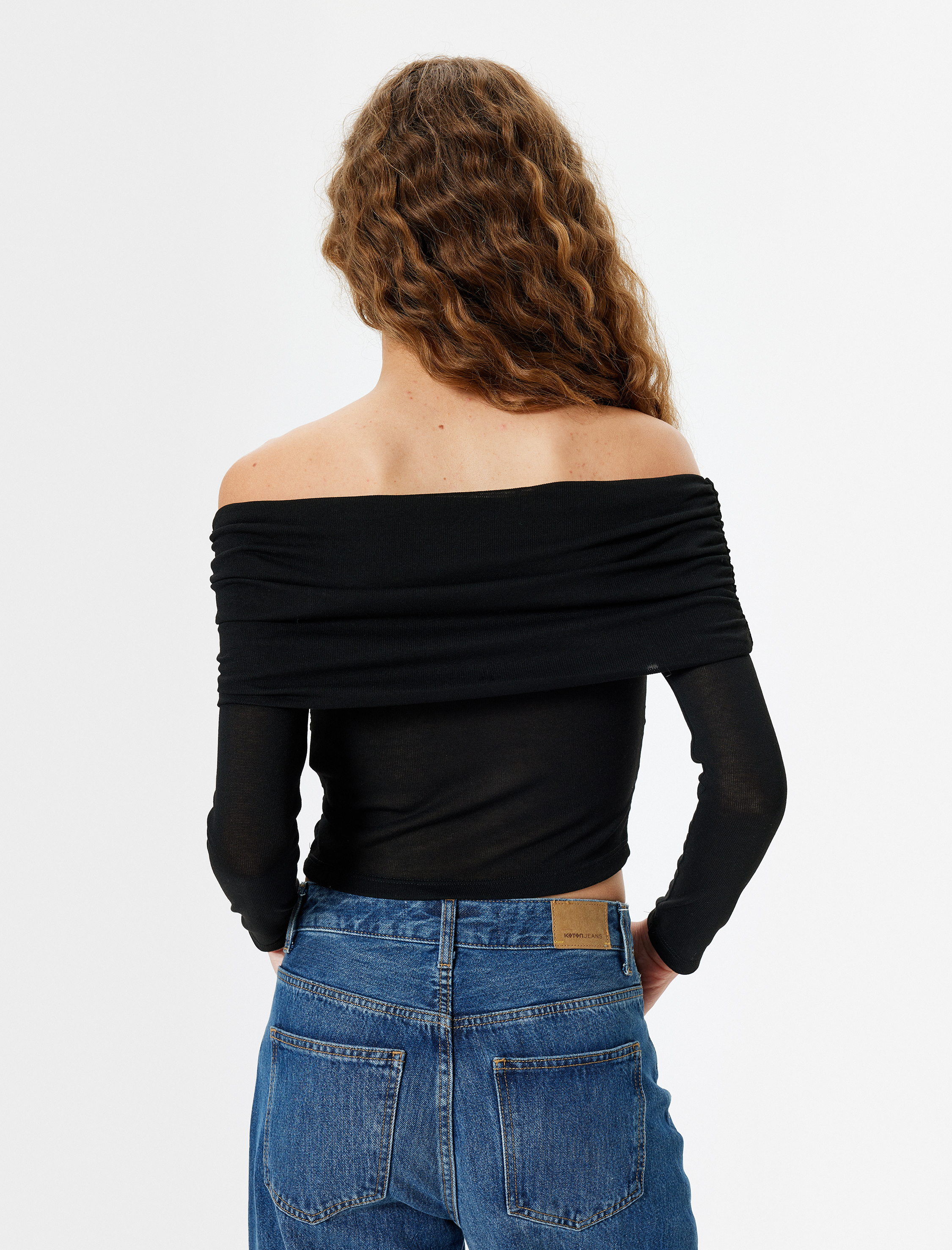   Madonna Yaka Omzu Açık Tişört Uzun Kollu Drapeli Slim Fit Viskon Karışımlı