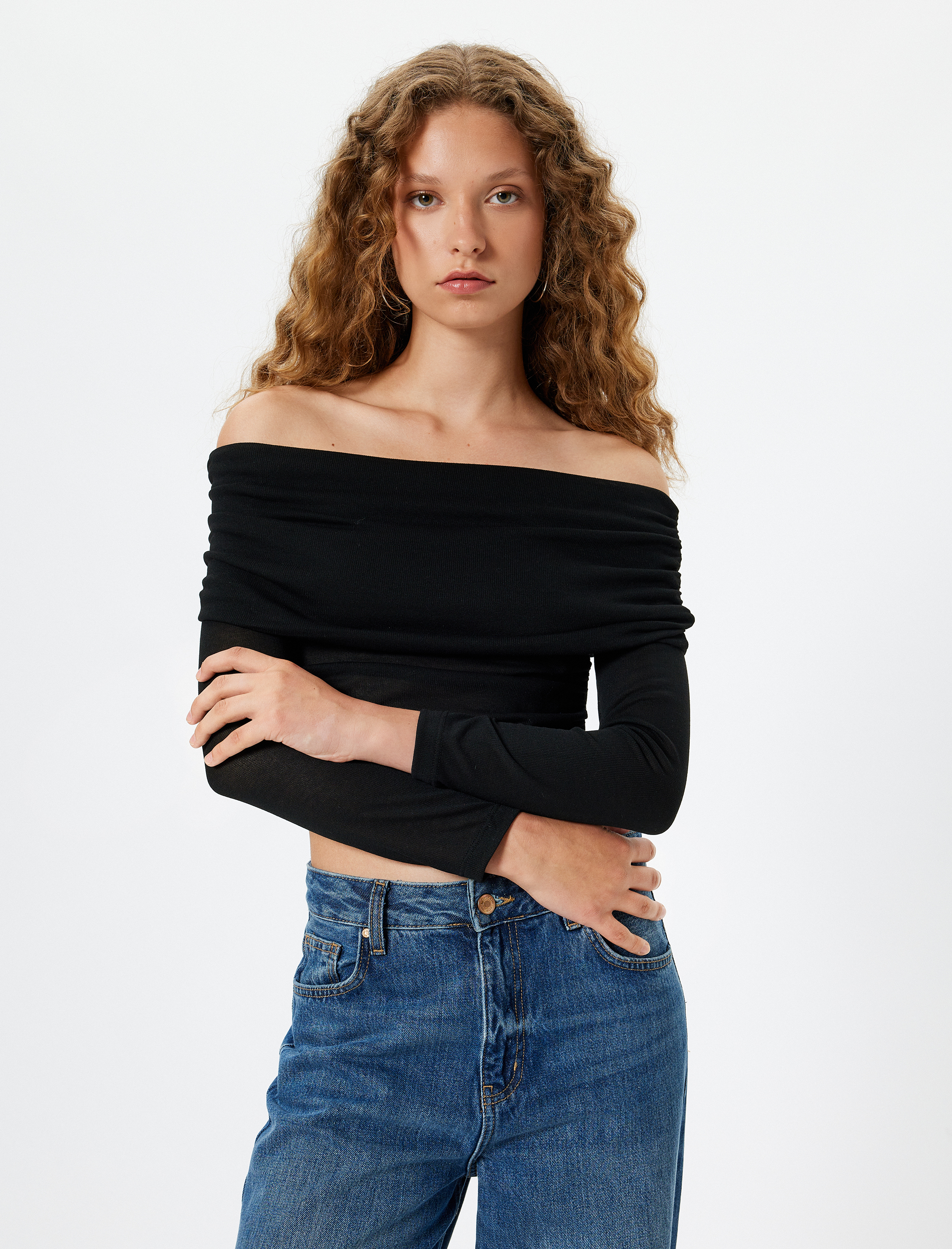   Madonna Yaka Omzu Açık Tişört Uzun Kollu Drapeli Slim Fit Viskon Karışımlı