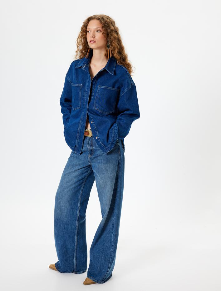  Oversize Kot Gömlek Ceket Cep Detaylı Klasik Yaka Düğmeli