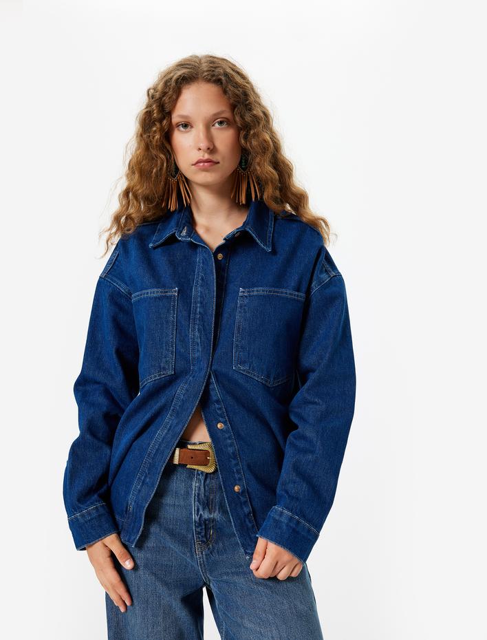  Oversize Kot Gömlek Ceket Cep Detaylı Klasik Yaka Düğmeli