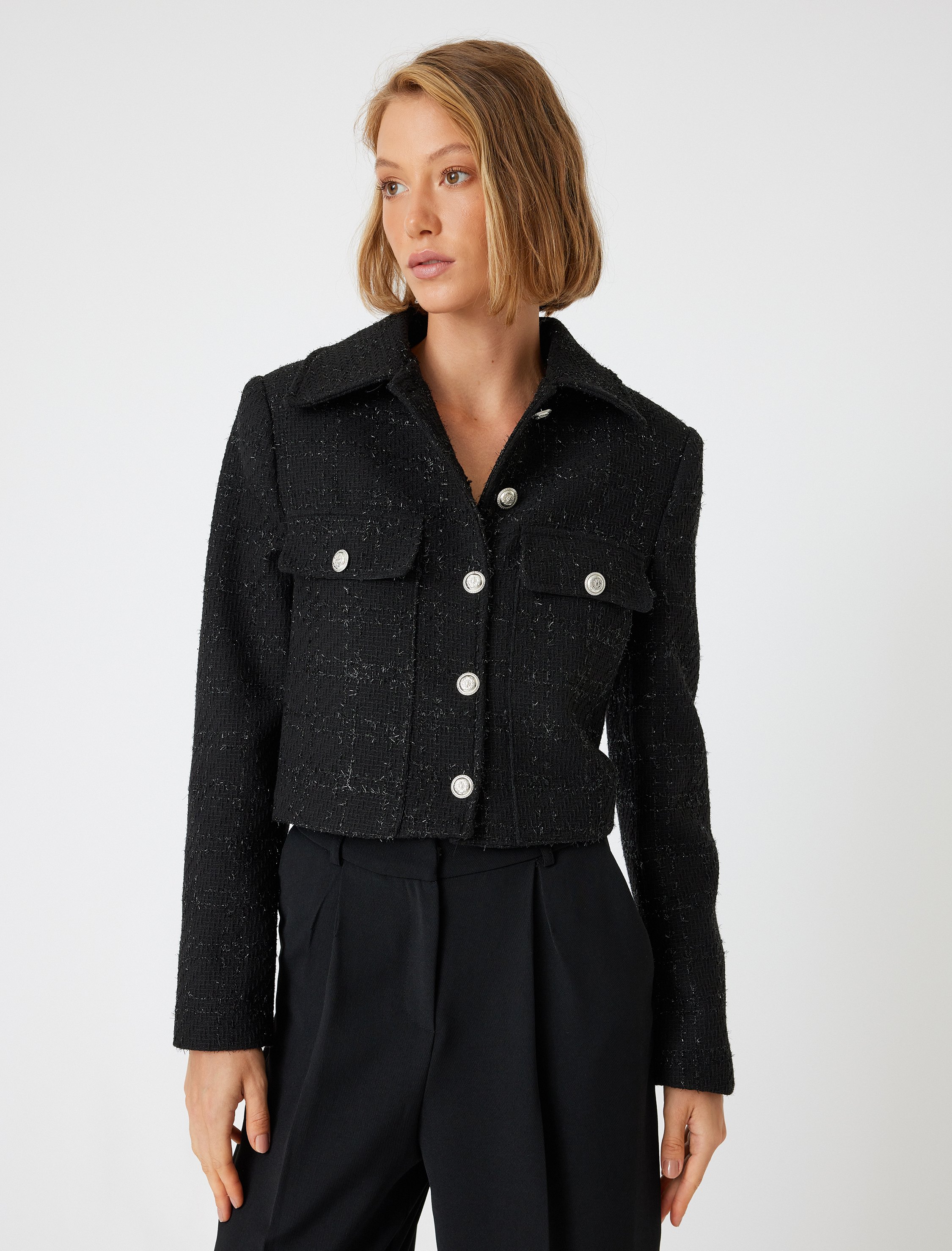 Tüvit Crop Ceket Düğmeli Kapaklı Cep Detaylı