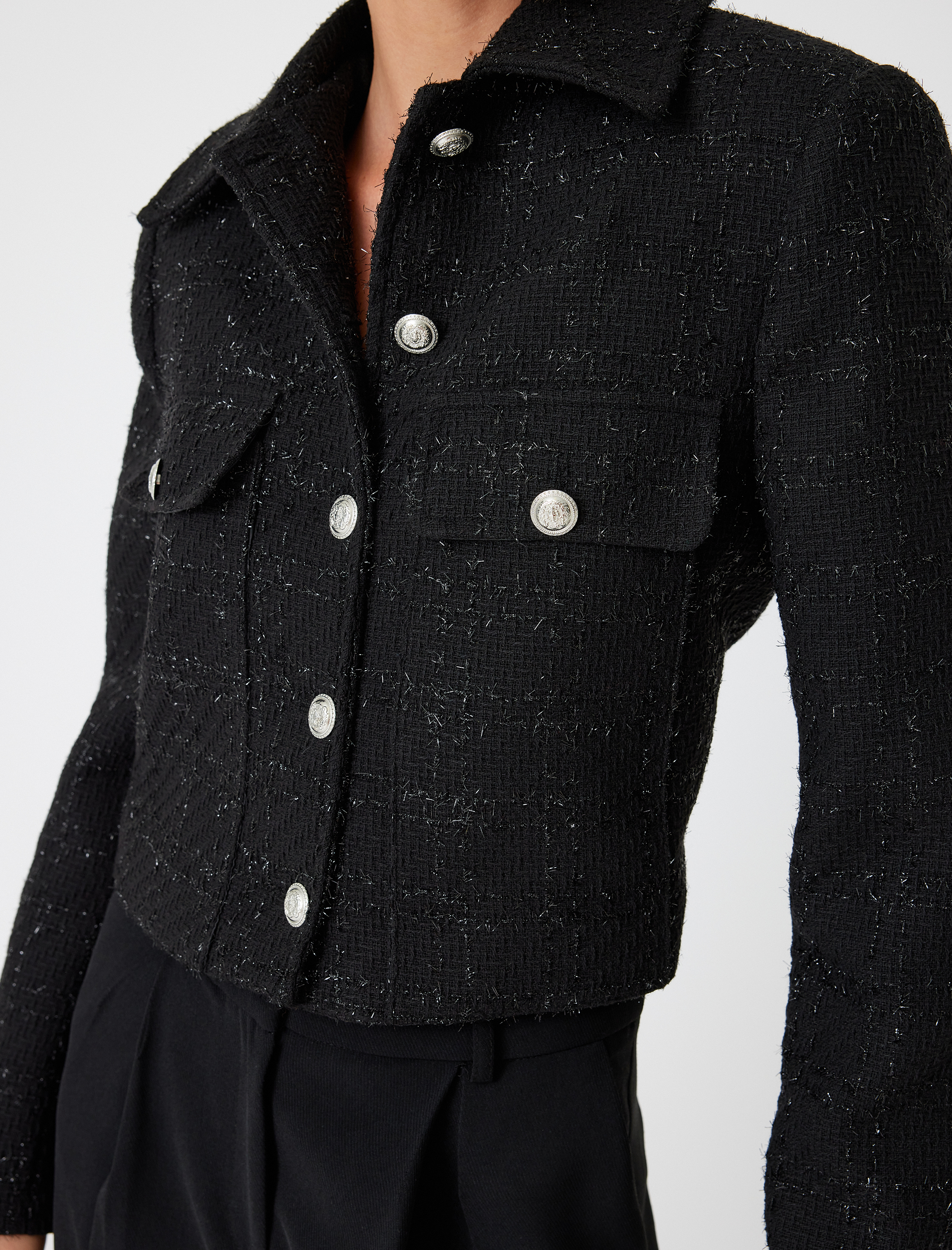 Tüvit Crop Ceket Düğmeli Kapaklı Cep Detaylı