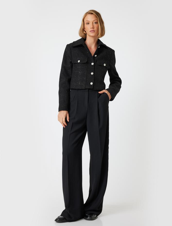  Tüvit Crop Ceket Düğmeli Kapaklı Cep Detaylı