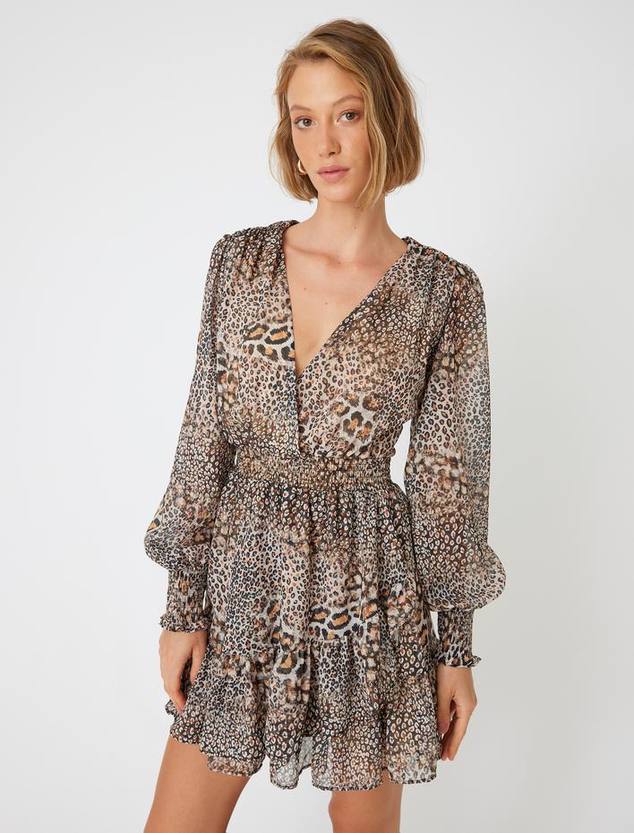  Leopar Elbise Şifon Mini Kruvaze Yaka Uzun Balon Kollu Gipeli