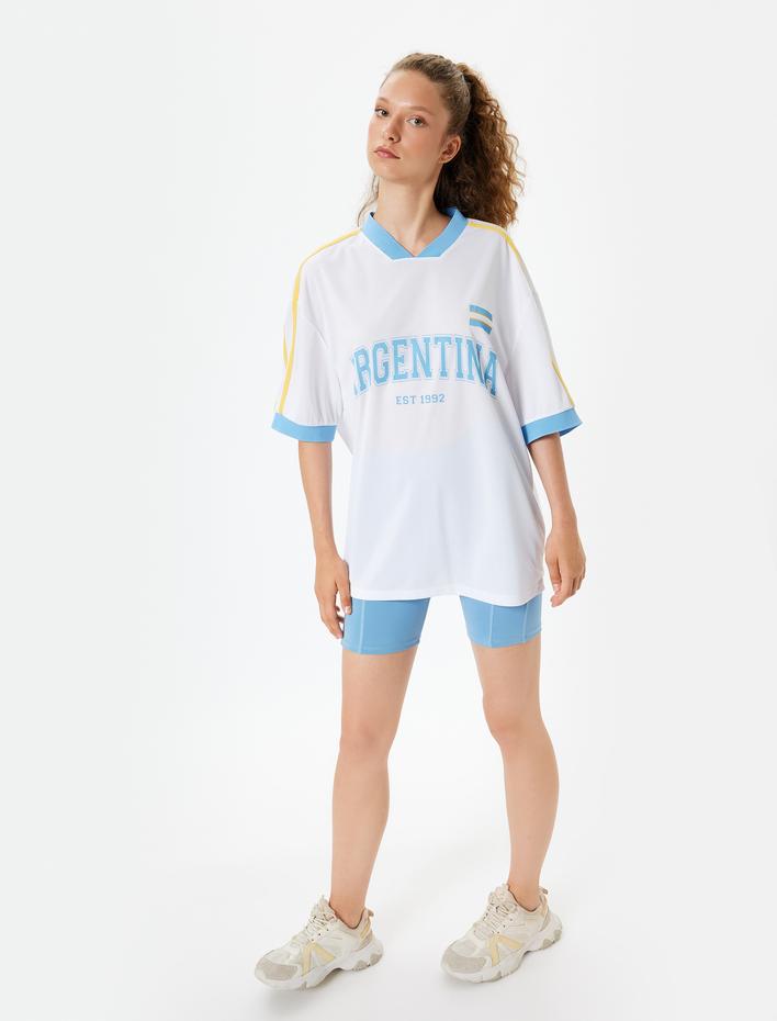  Oversize Spor Tişört Slogan Baskılı V Yaka Biyeli Kısa Kollu