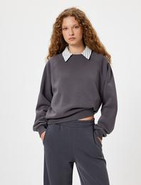 Basic Oversize Sweatshirt Bisiklet Yaka Uzun Kollu Ribanalı Şardonlu