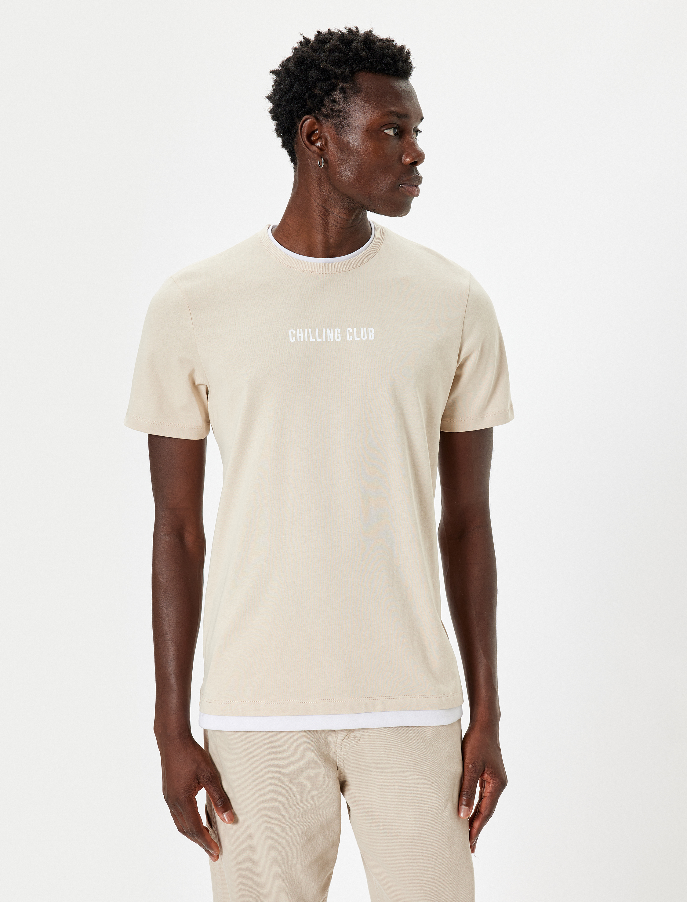   Bisiklet Yaka Tişört Slogan Baskılı Kısa Kollu Biyeli Pamuklu