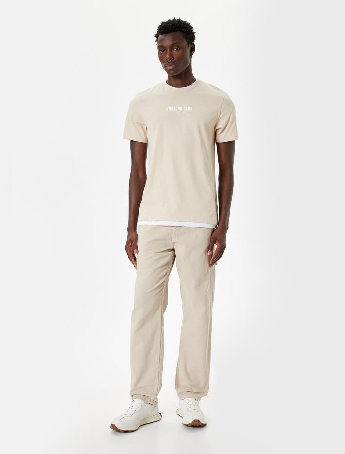  Bisiklet Yaka Tişört Slogan Baskılı Kısa Kollu Biyeli Pamuklu