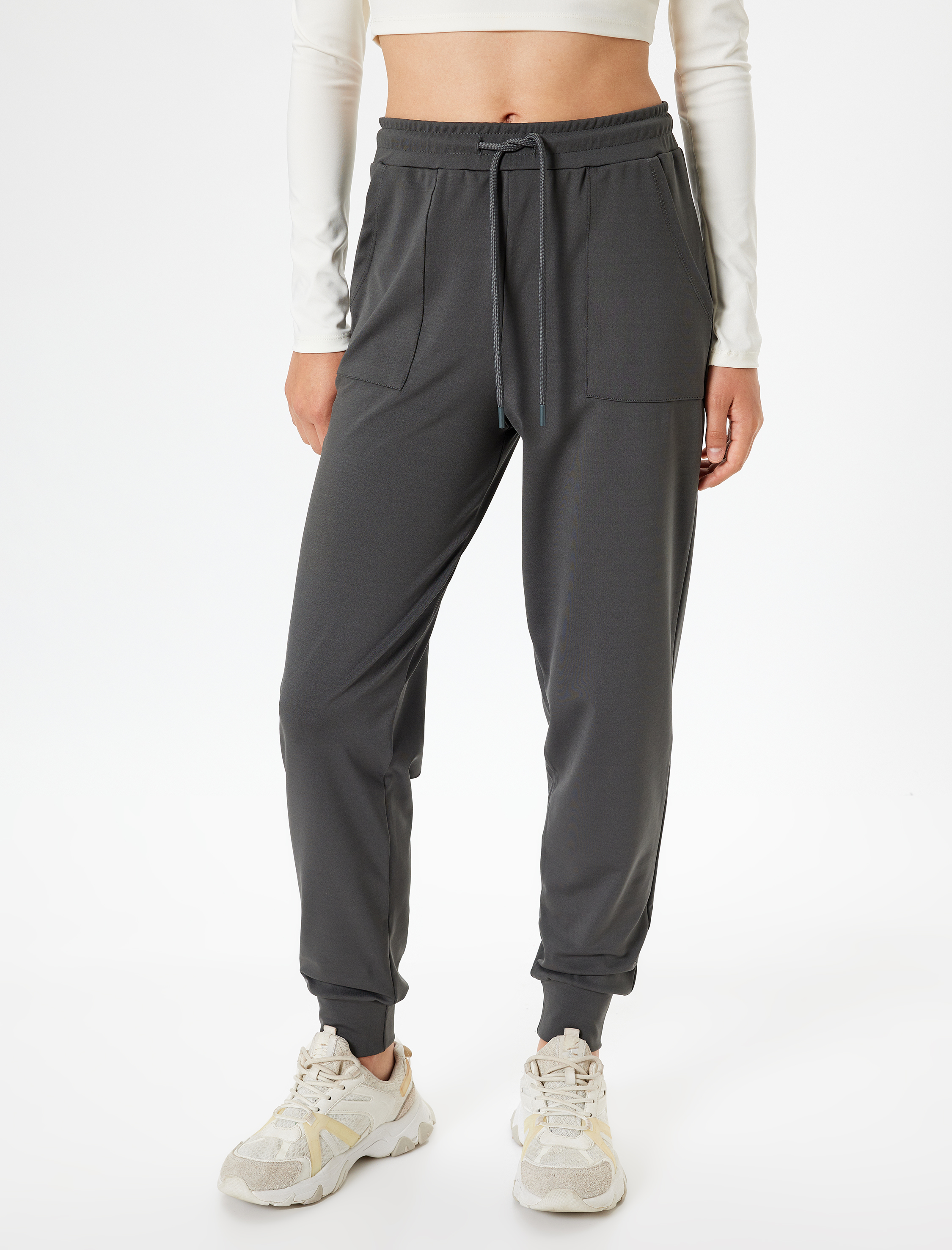   Jogger Eşofman Altı Yüksek Bel İnterlok Beli Bağcıklı Cepli İnterlok