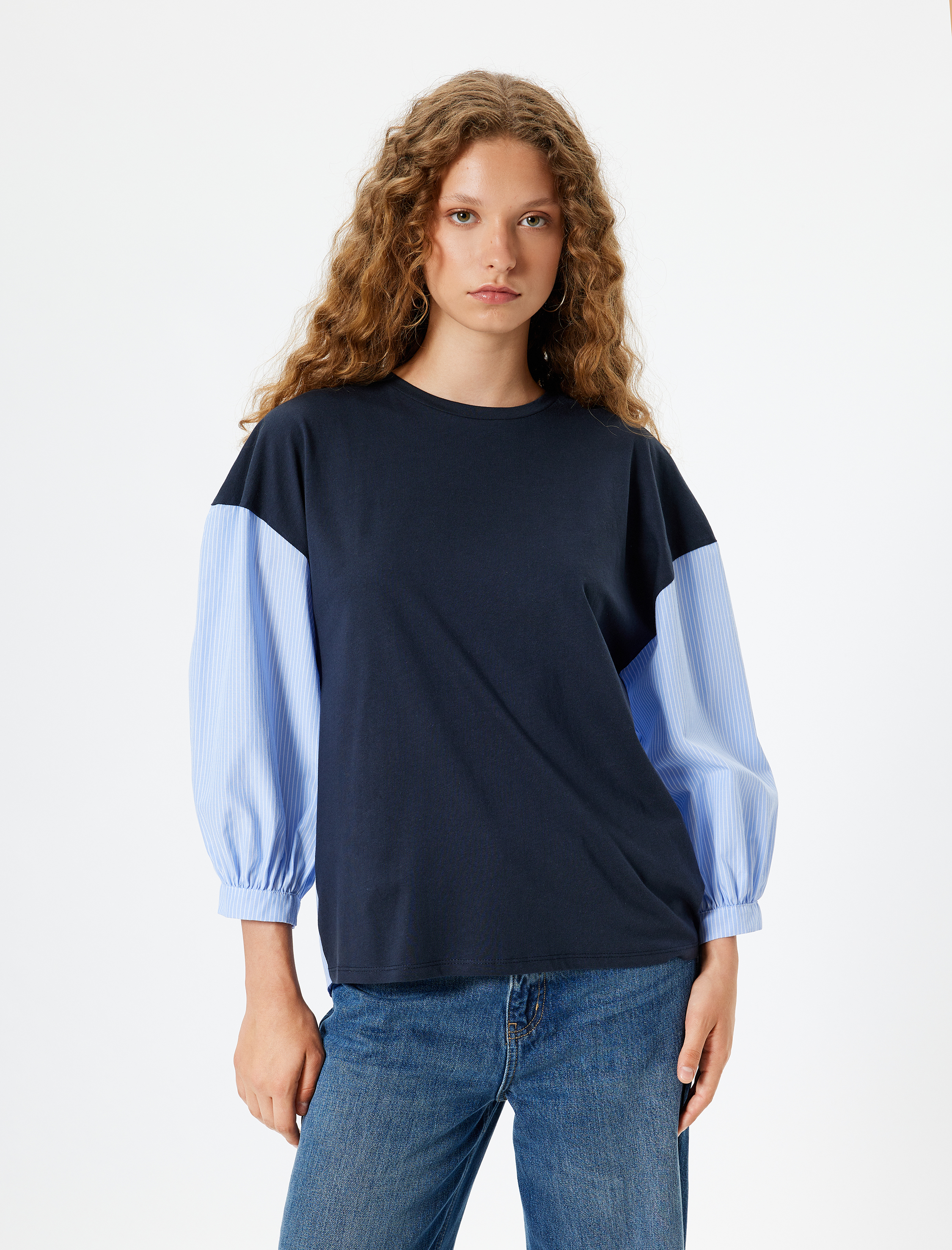   Uzun Kollu Tişört Bisiklet Yaka Kumaş Detaylı