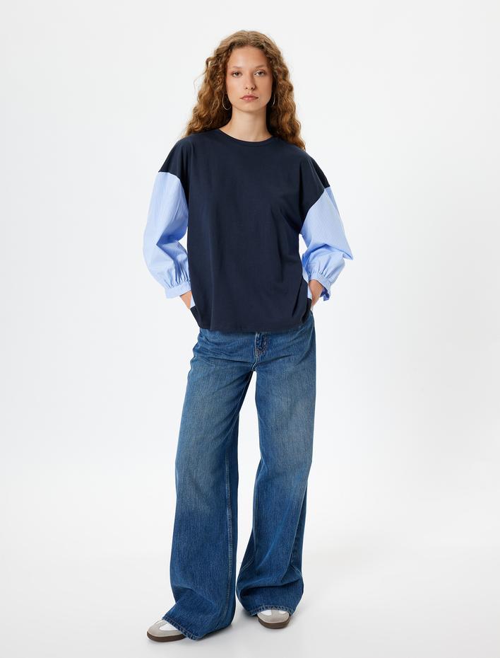  Uzun Kollu Tişört Bisiklet Yaka Kumaş Detaylı