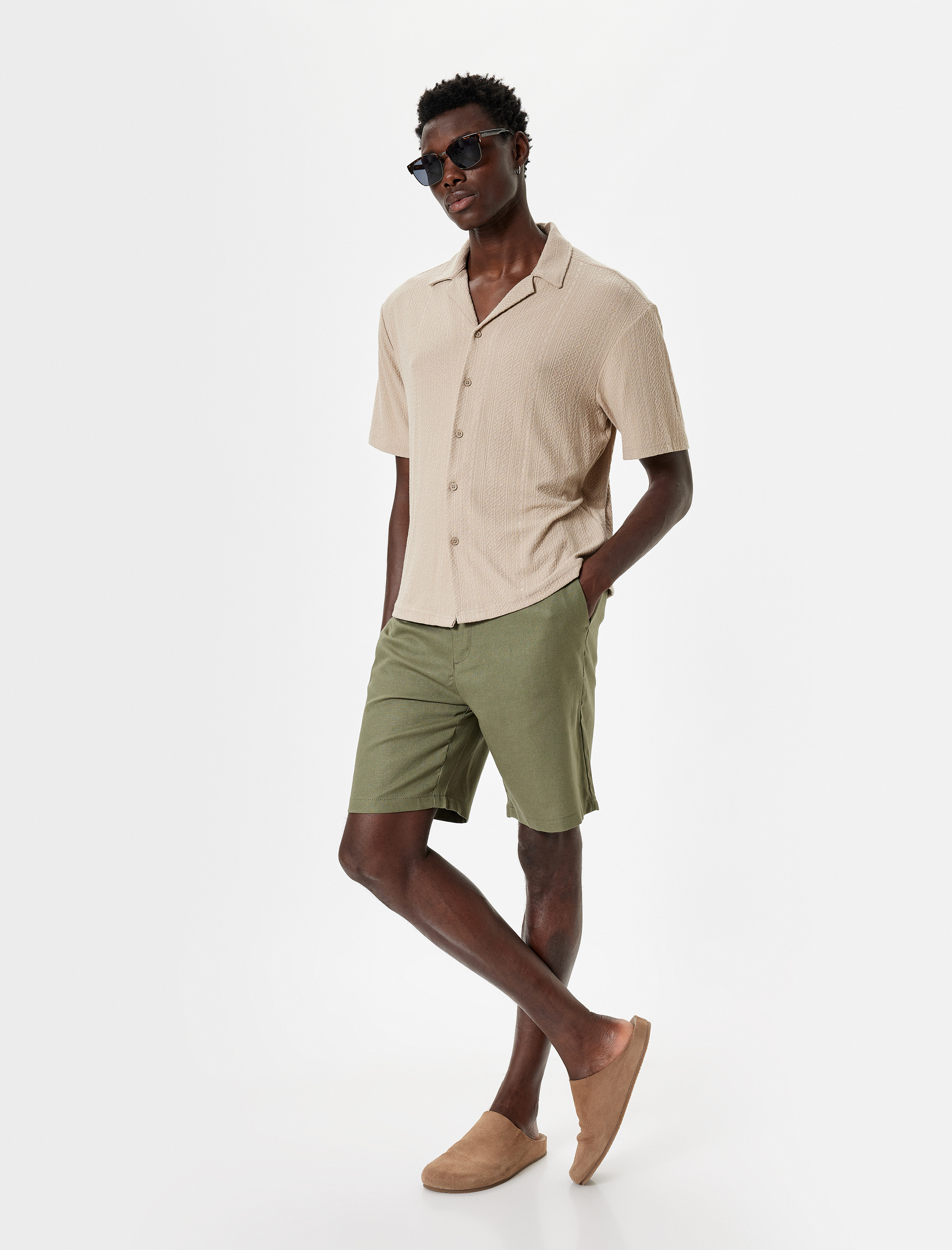 Koton Erkek Bermuda Şort Viskon Keten Karışımlı Chino Cep Detaylı -1