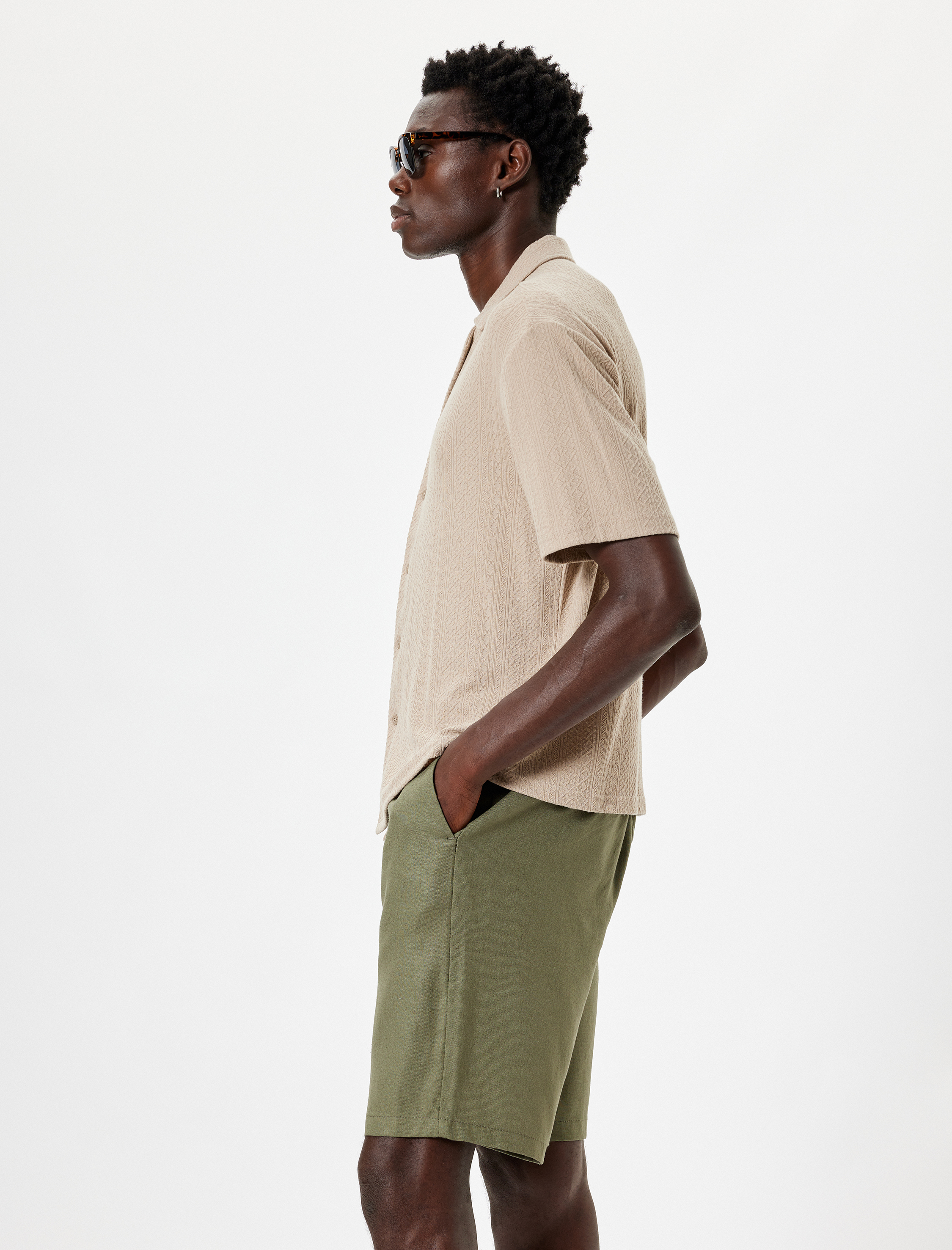   Bermuda Şort Viskon Keten Karışımlı Chino Cep Detaylı