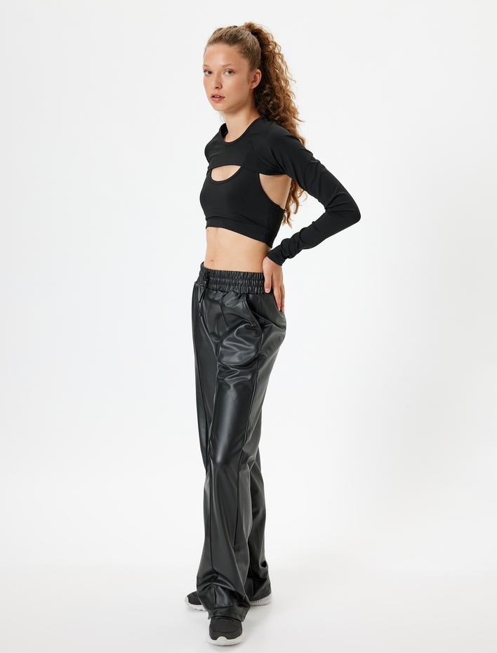  Suni Deri Eşofman Altı Beli Bağcıklı Nervürlü Yüksek Bel Düz Paça Cepli