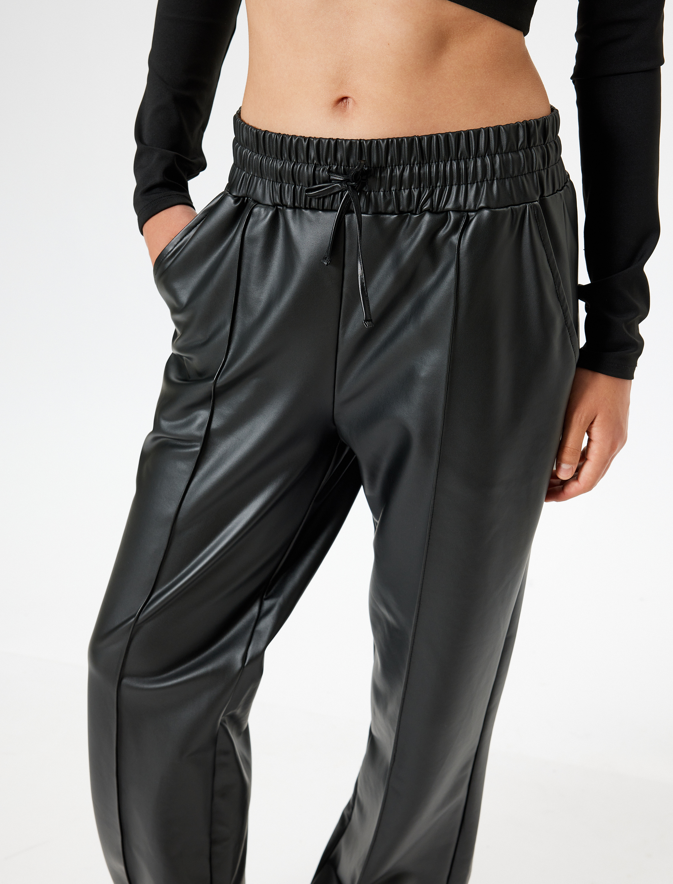 Suni Deri Eşofman Altı Beli Bağcıklı Nervürlü Yüksek Bel Düz Paça Cepli