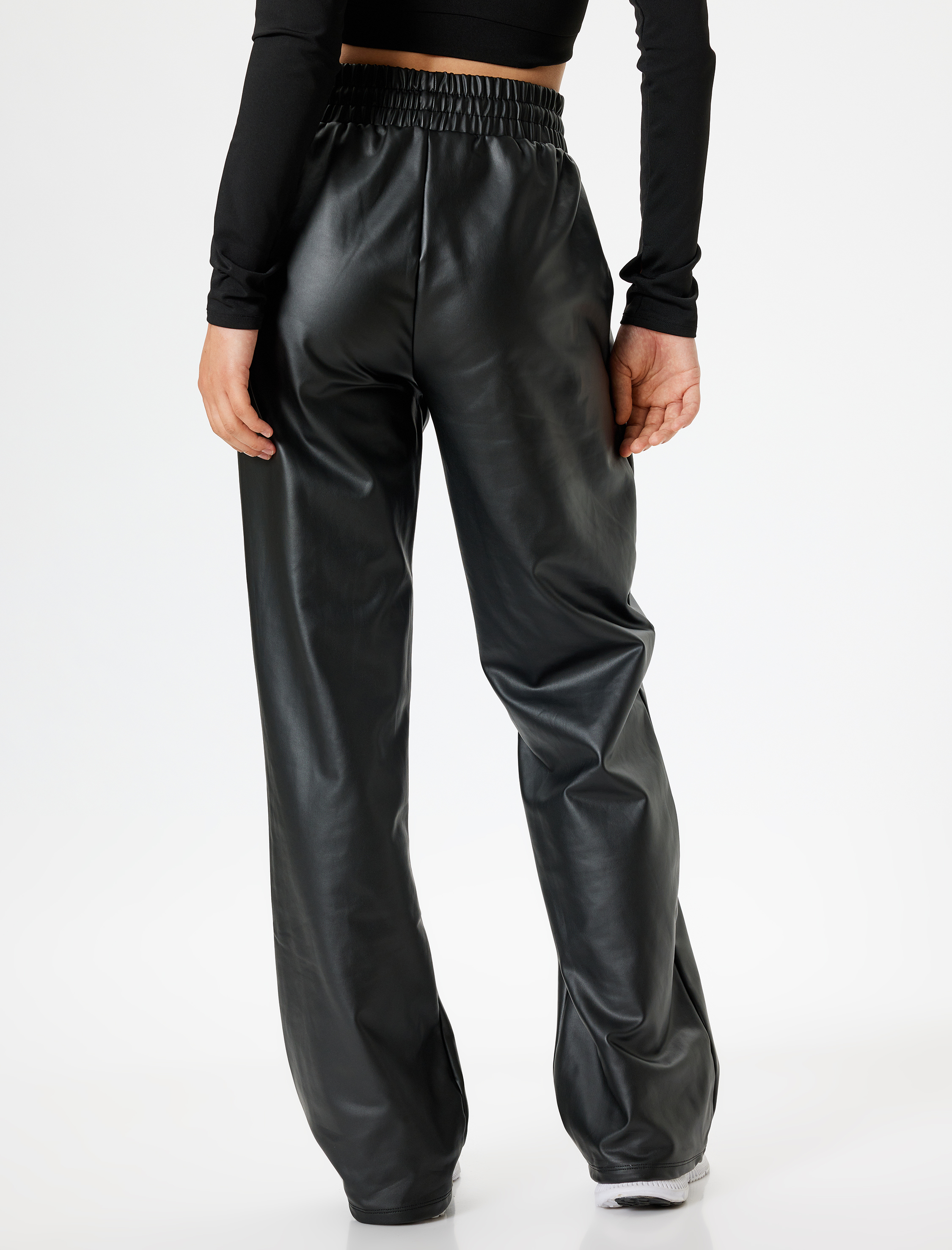 Suni Deri Eşofman Altı Beli Bağcıklı Nervürlü Yüksek Bel Düz Paça Cepli