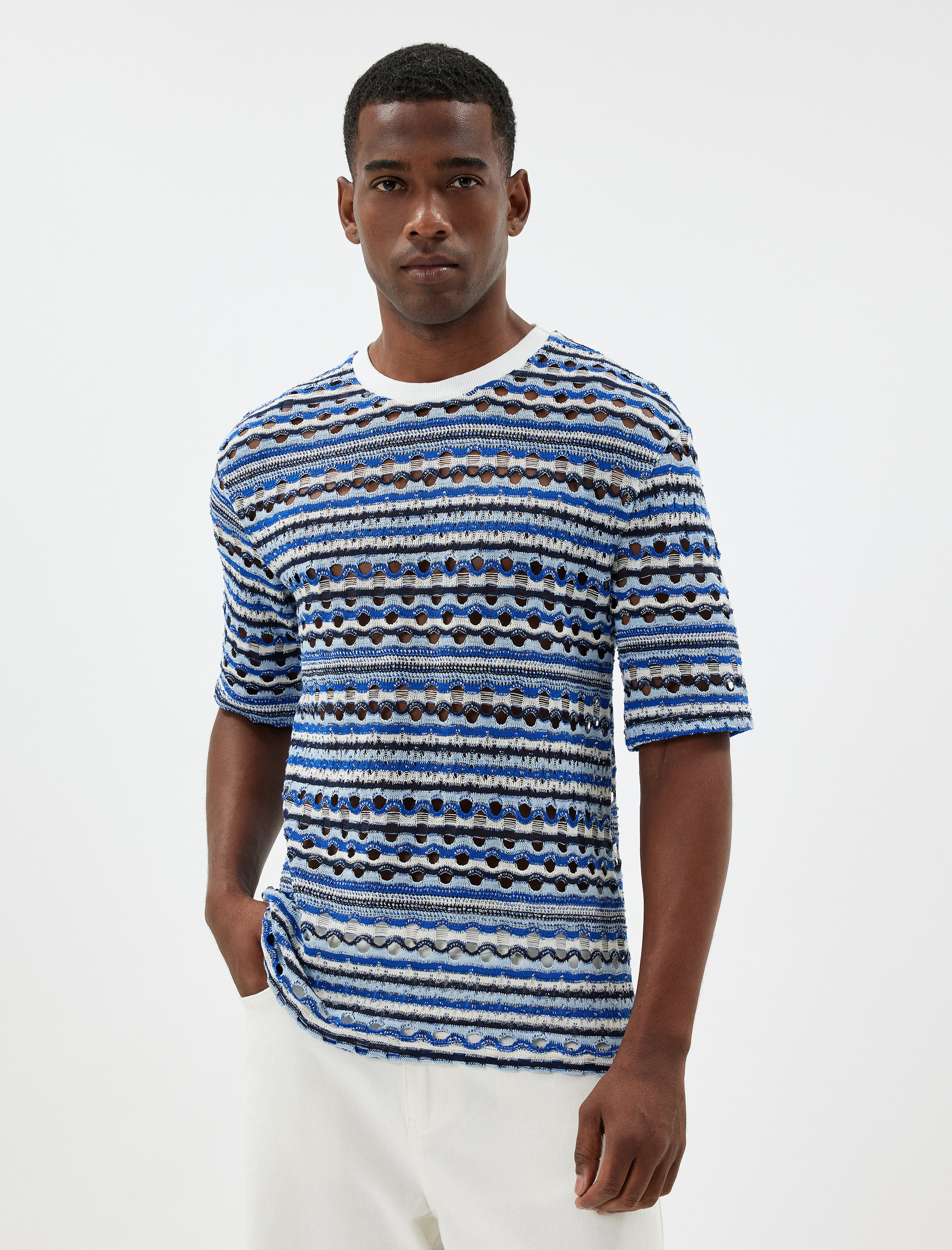   Oversize Tişört Dokulu Yarı Saydam Kısa Kollu Bisiklet Yaka Pamuk Karışımlı