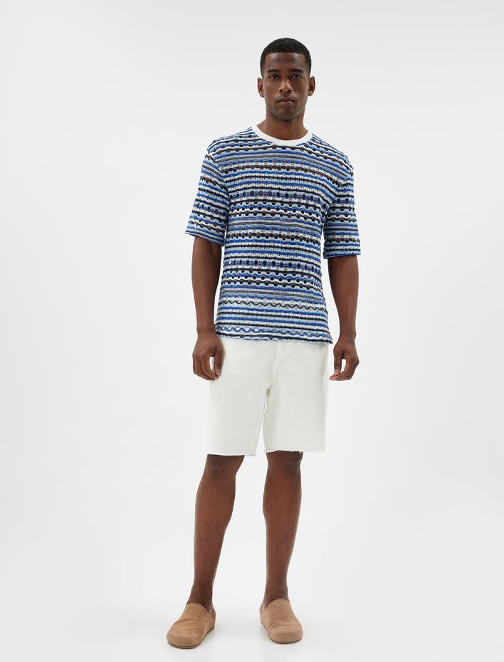  Oversize Tişört Dokulu Yarı Saydam Kısa Kollu Bisiklet Yaka Pamuk Karışımlı