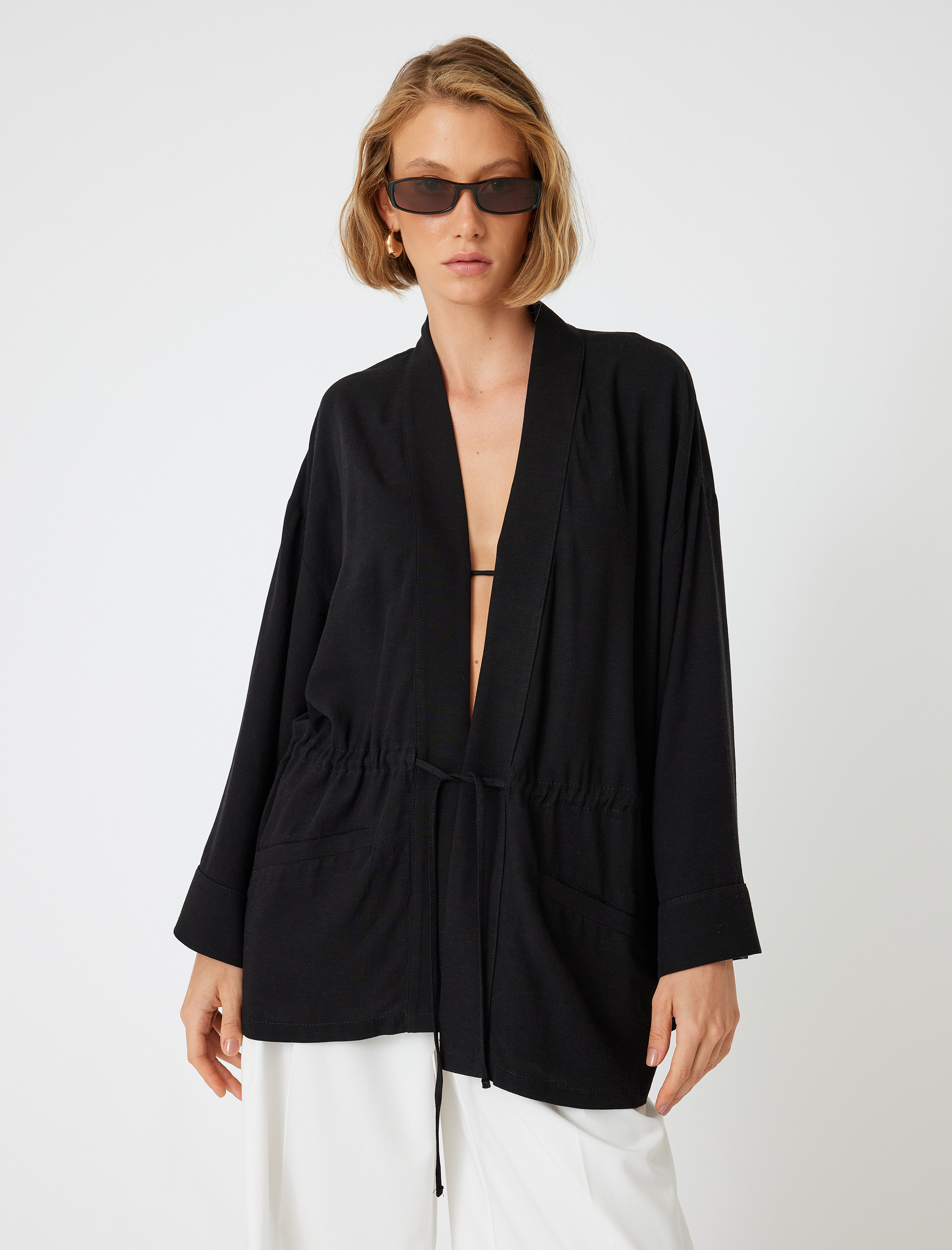   Keten Karışımlı Kimono 3/4 Geniş Kol Cepli Kuşaklı