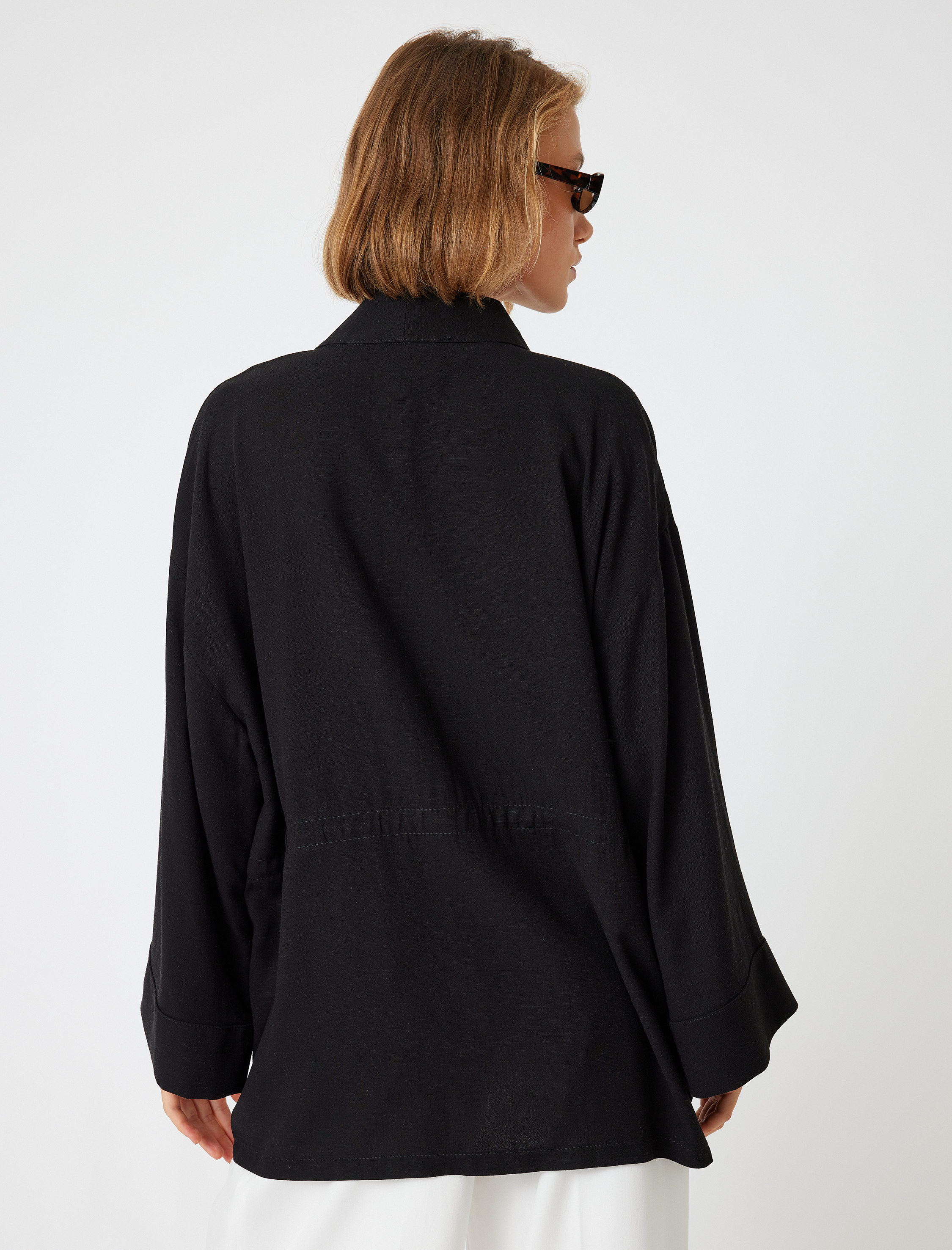   Keten Karışımlı Kimono 3/4 Geniş Kol Cepli Kuşaklı