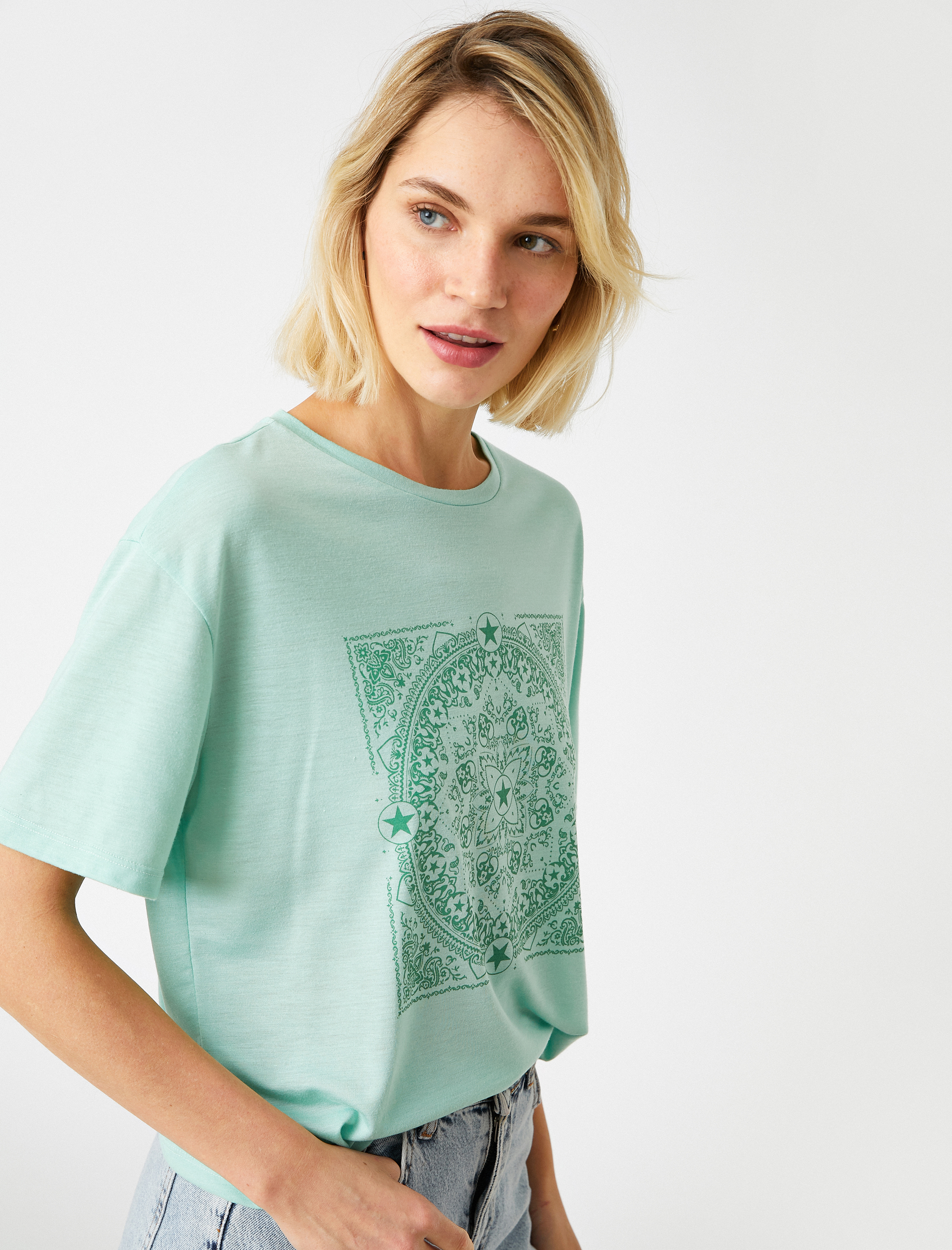   Dökümlü Baskılı Kısa Kollu Tişört Bisiklet Yaka