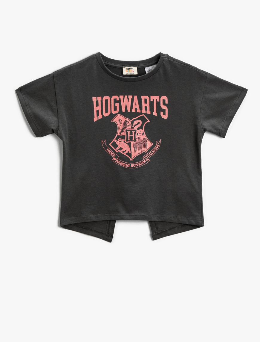  Kız Çocuk Harry Potter Baskılı Tişört Lisanslı Crop Yırtmaç Detaylı