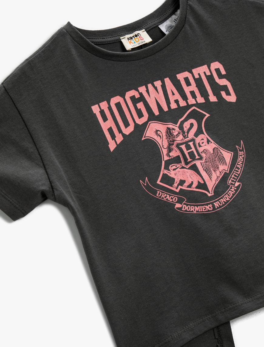  Kız Çocuk Harry Potter Baskılı Tişört Lisanslı Crop Yırtmaç Detaylı