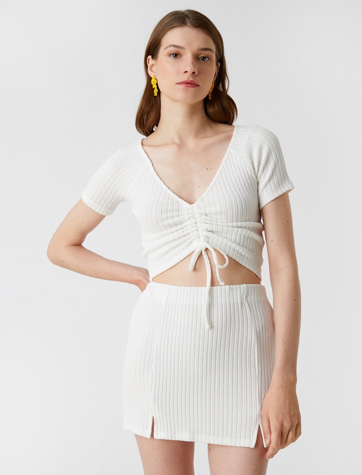  Crop Tişört Büzgülü V Yaka