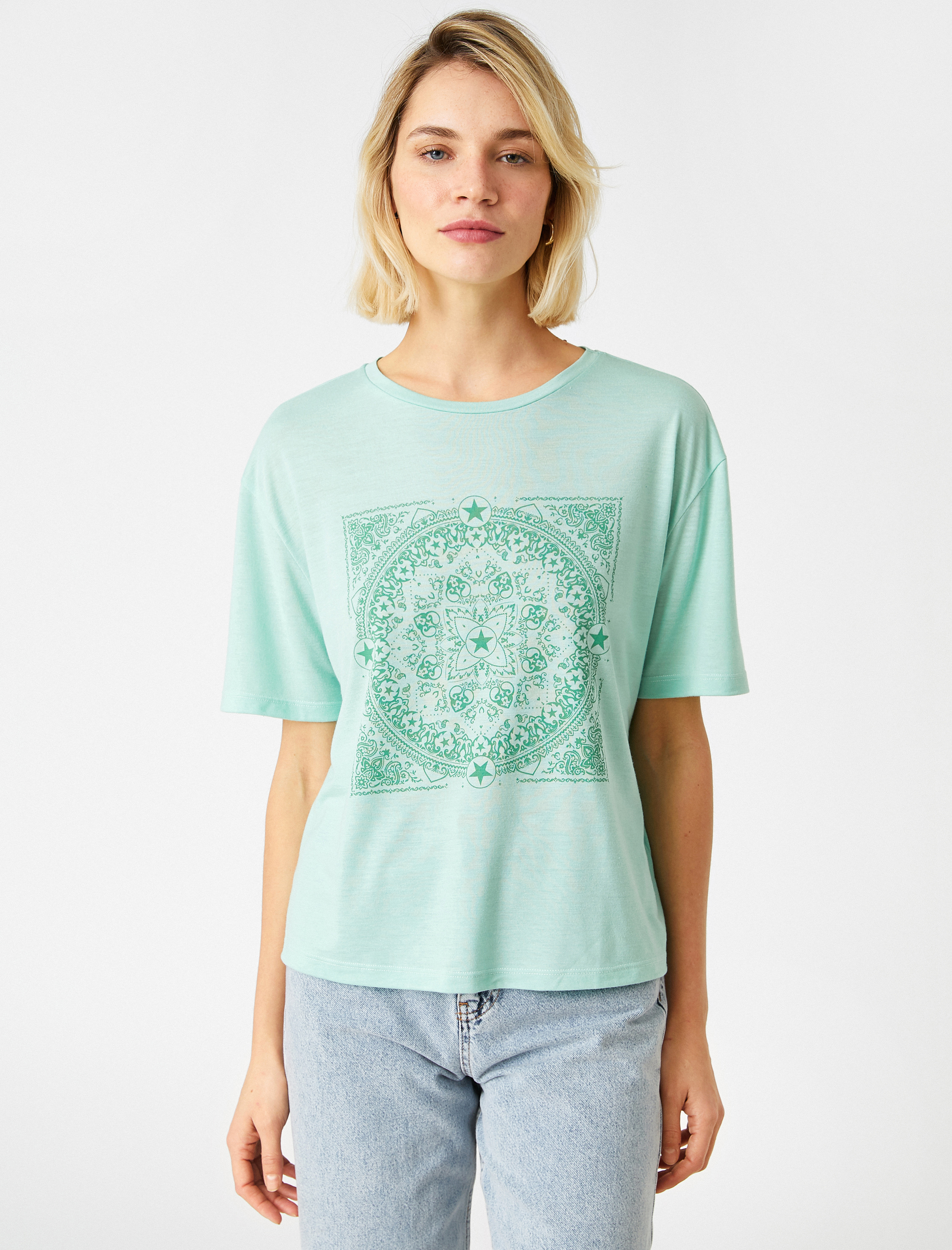   Dökümlü Baskılı Kısa Kollu Tişört Bisiklet Yaka