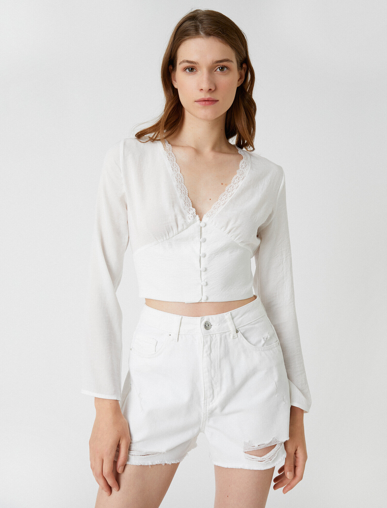   Crop Bluz Uzun Kollu Dantel Detaylı Saten Görünümlü