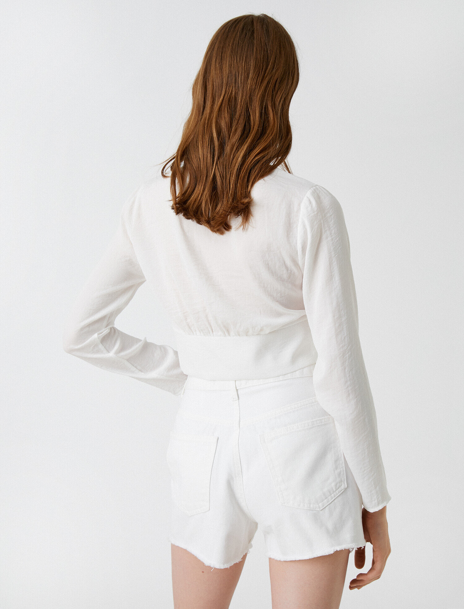   Crop Bluz Uzun Kollu Dantel Detaylı Saten Görünümlü