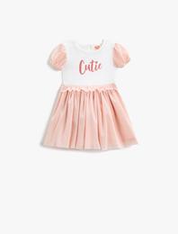 Elbise Tül Balon Kollu Baskılı