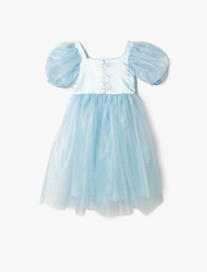 Kız Çocuk Elbise Kolları Tüllü Saten Balon Kol Kare Yaka