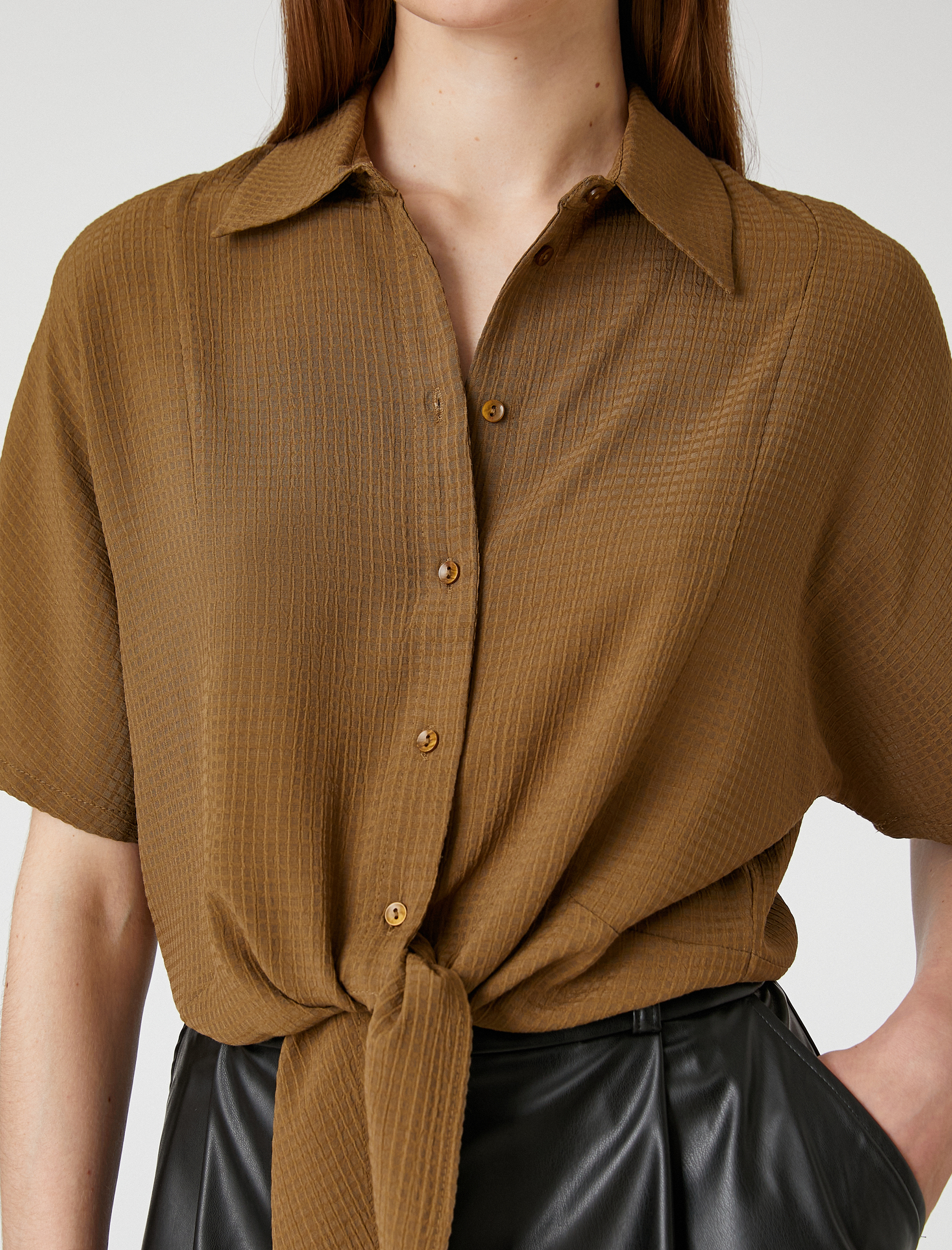   Crop Gömlek Bağlama Detaylı Kısa Kollu