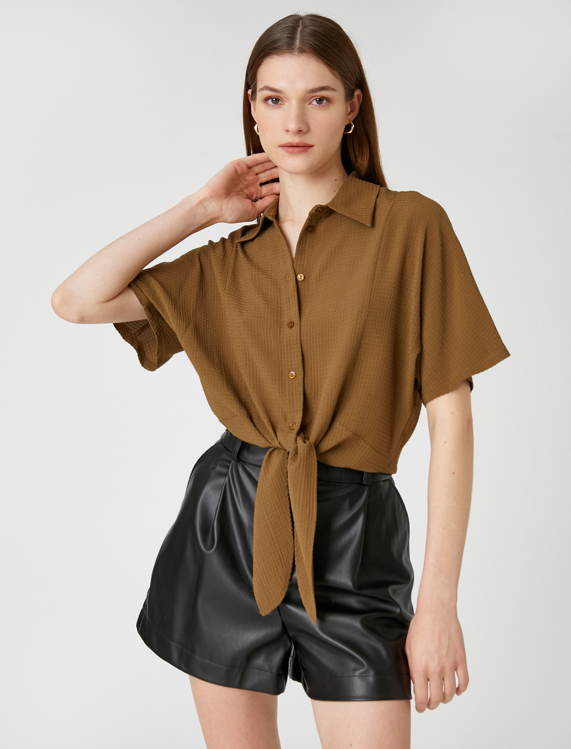   Crop Gömlek Bağlama Detaylı Kısa Kollu