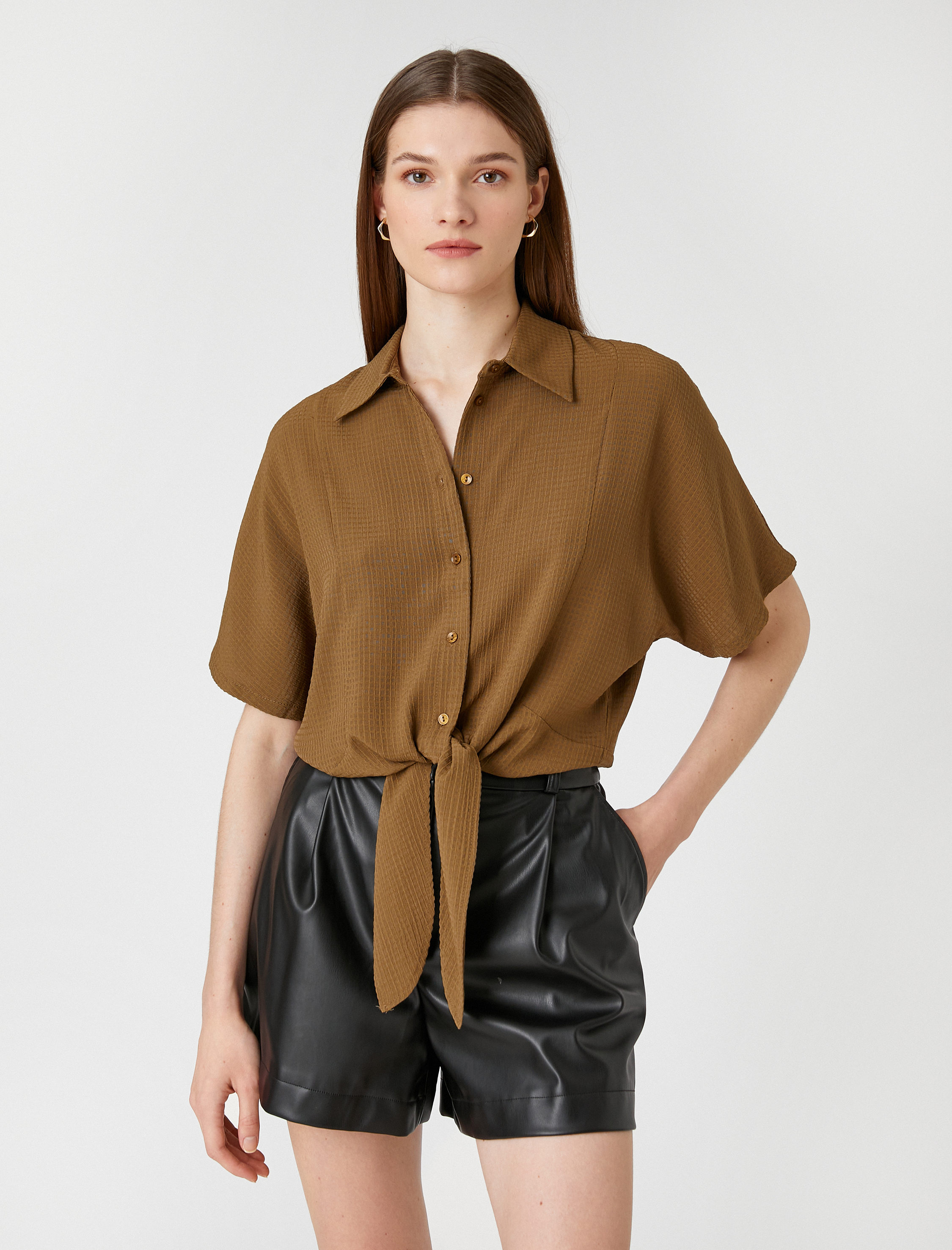   Crop Gömlek Bağlama Detaylı Kısa Kollu