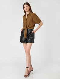 Crop Gömlek Bağlama Detaylı Kısa Kollu