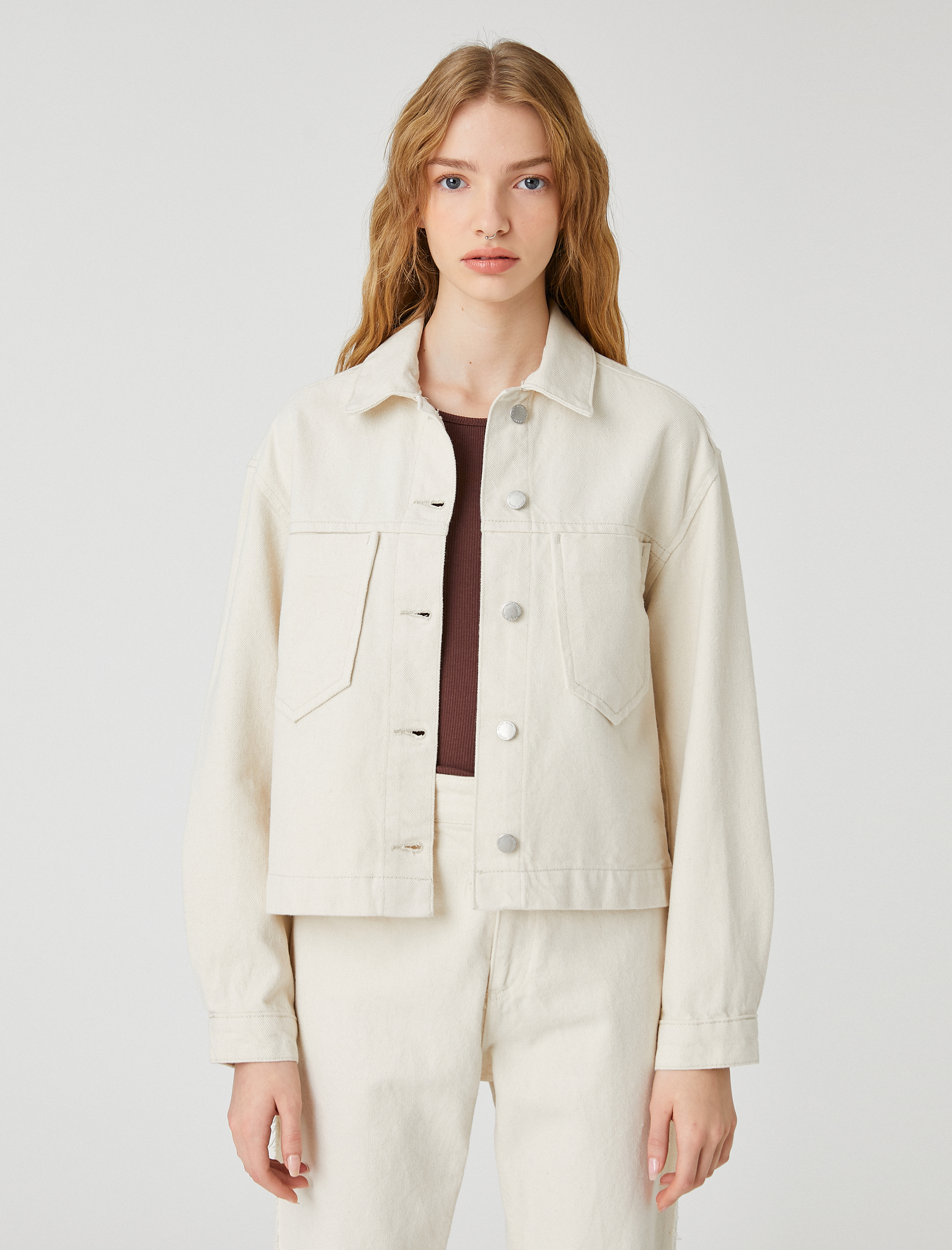   Crop Kot Ceket Cep Detaylı Gömlek Yaka Uzun Kollu