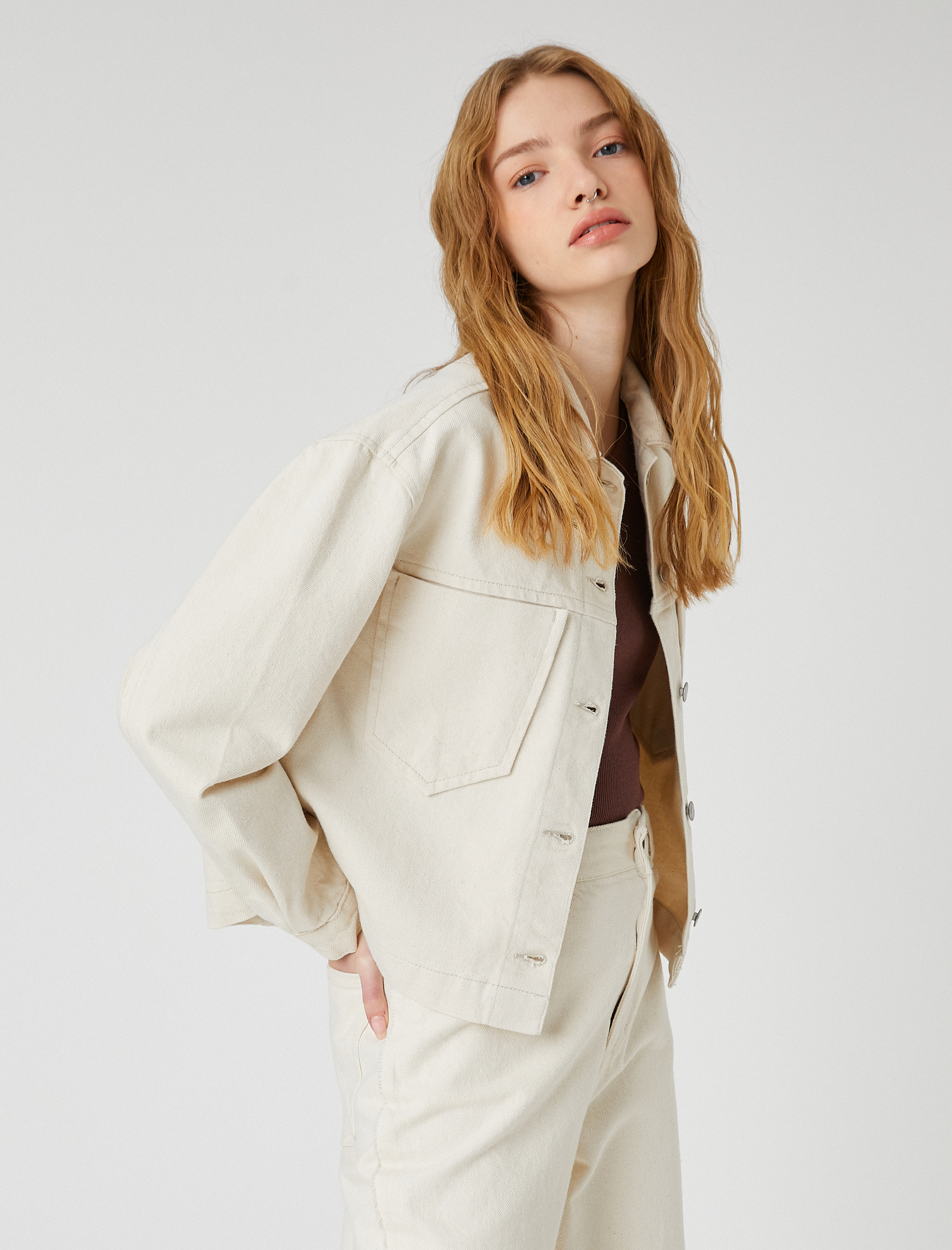   Crop Kot Ceket Cep Detaylı Gömlek Yaka Uzun Kollu