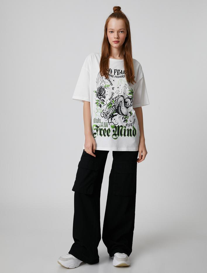  Oversize Tişört Kısa Kollu Uzak Doğu Baskılı Bisiklet Yaka