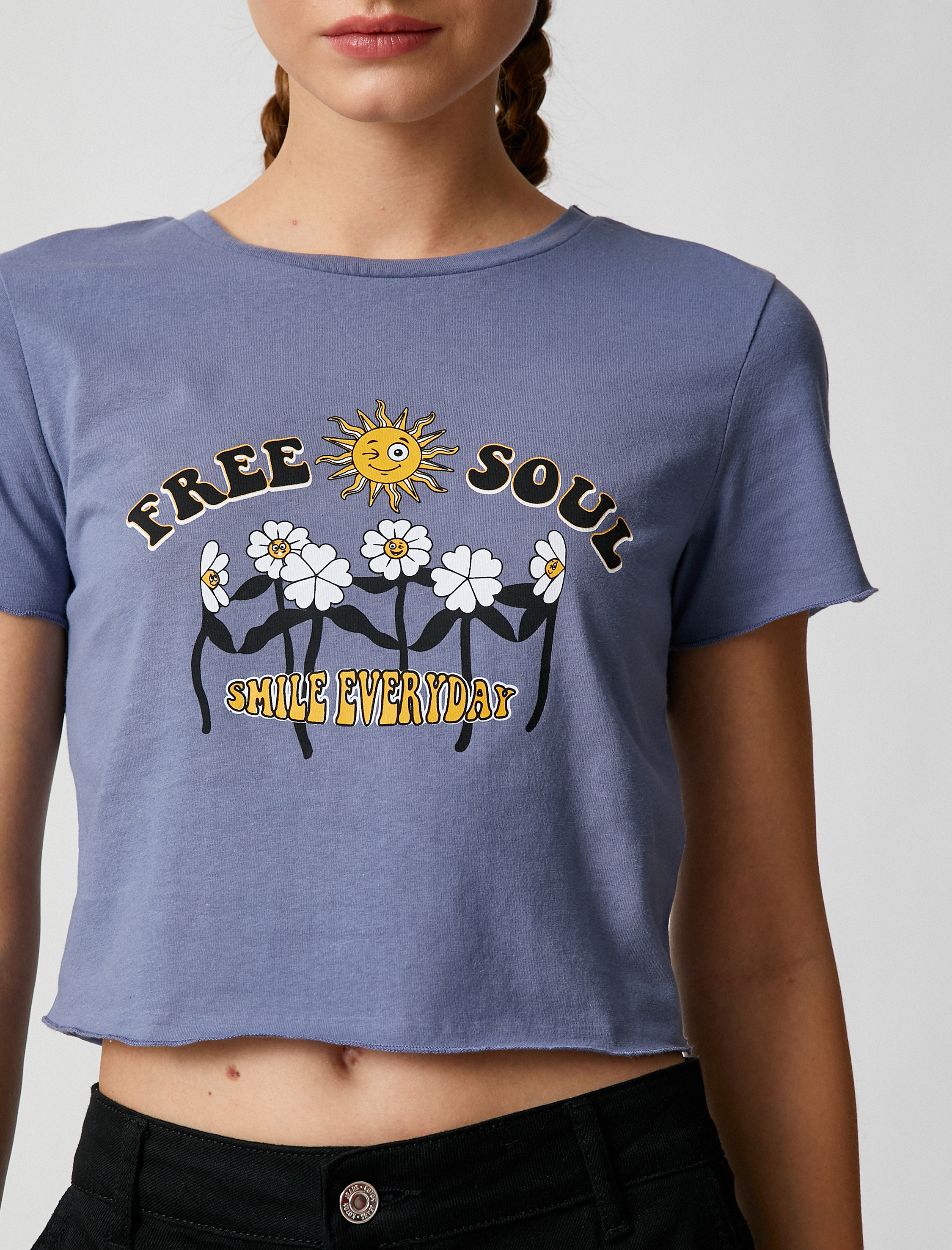   Crop Tişört Baskılı Bisiklet Yaka Kısa Kollu