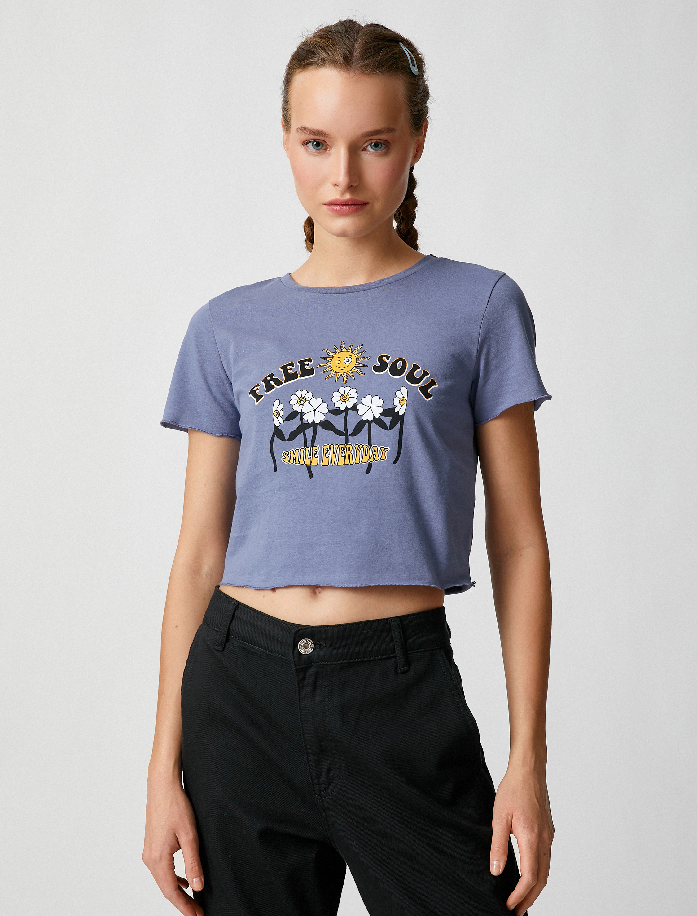   Crop Tişört Baskılı Bisiklet Yaka Kısa Kollu