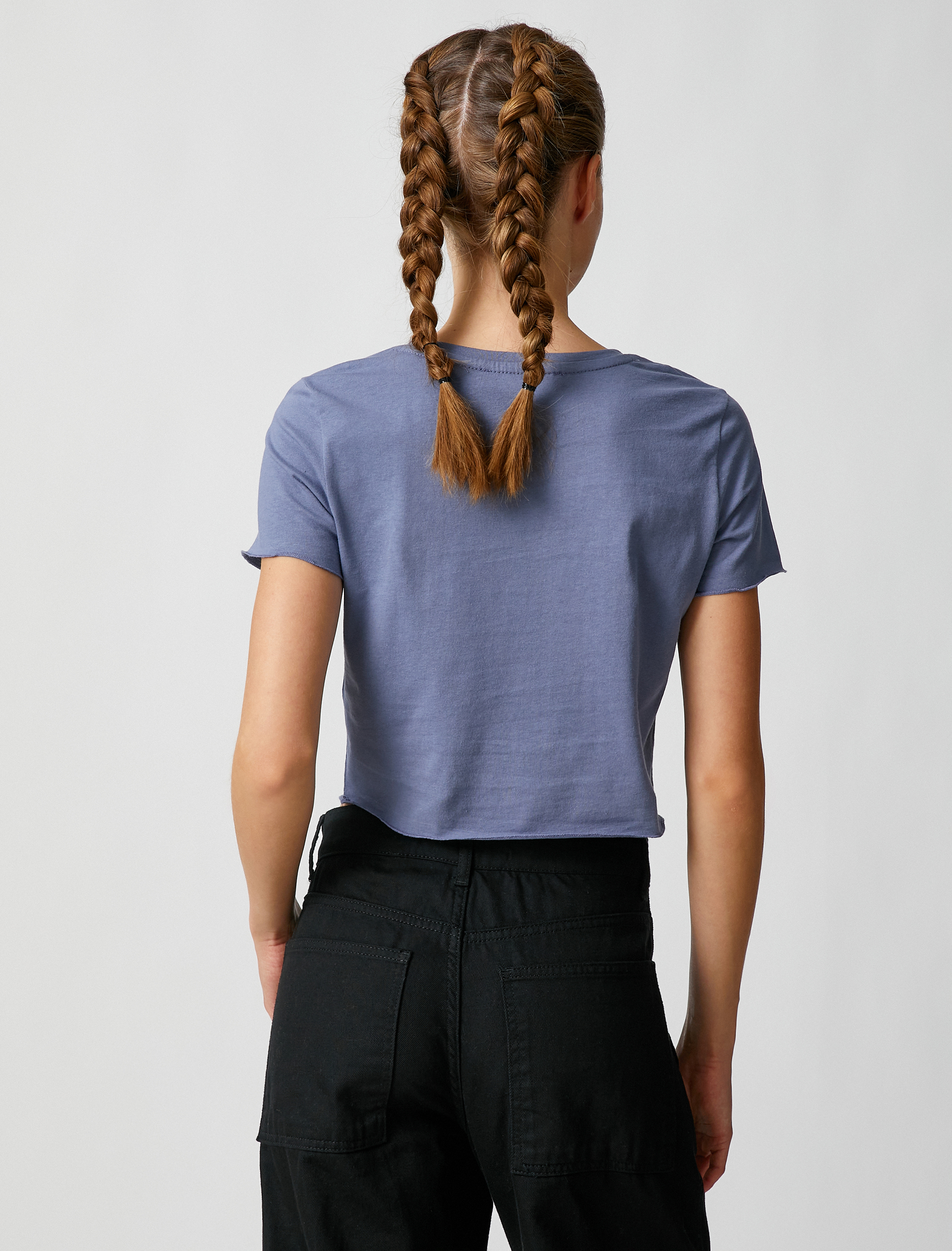   Crop Tişört Baskılı Bisiklet Yaka Kısa Kollu