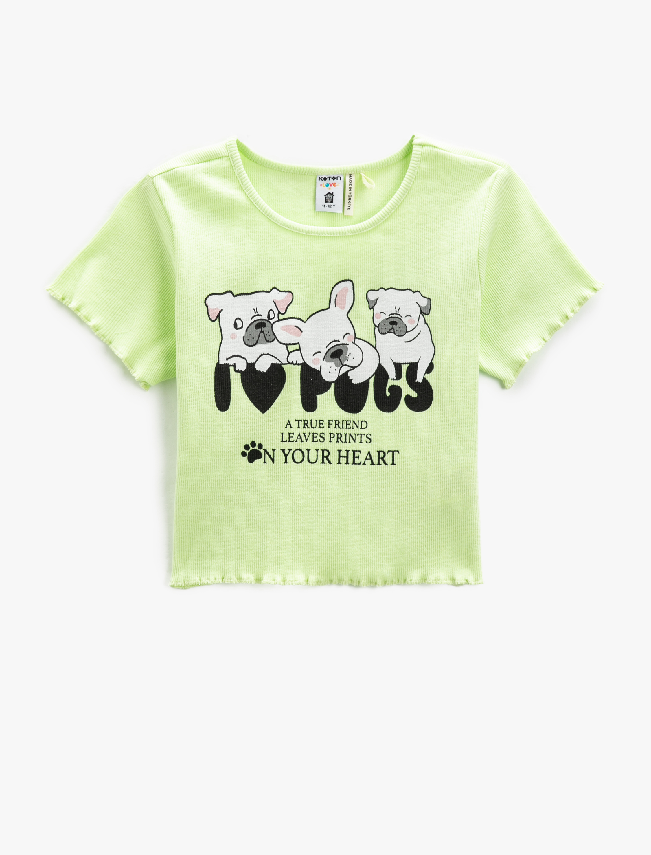  Kız Çocuk Crop Tişört Köpek Baskılı Kısa Kollu Yuvarlak Yaka Pamuklu