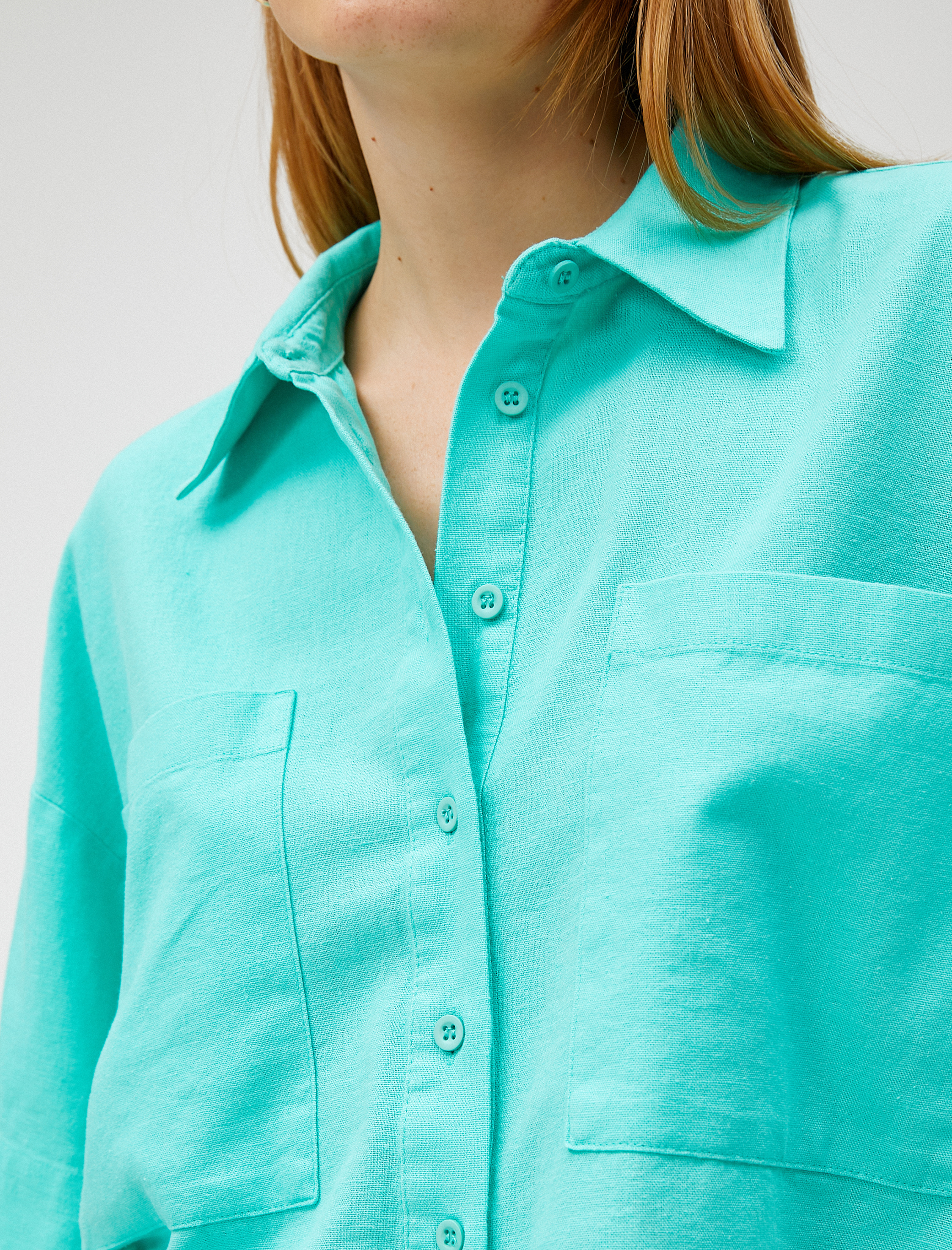   Crop Oversize Gömlek Keten Karışımlı Cepli